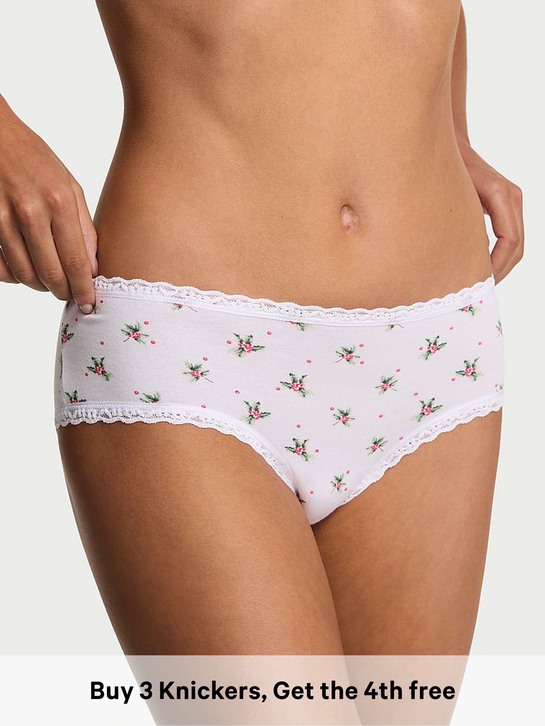White Christmas Holly Cheeky Cotton Lace Trim Knickers (H65319) | £10