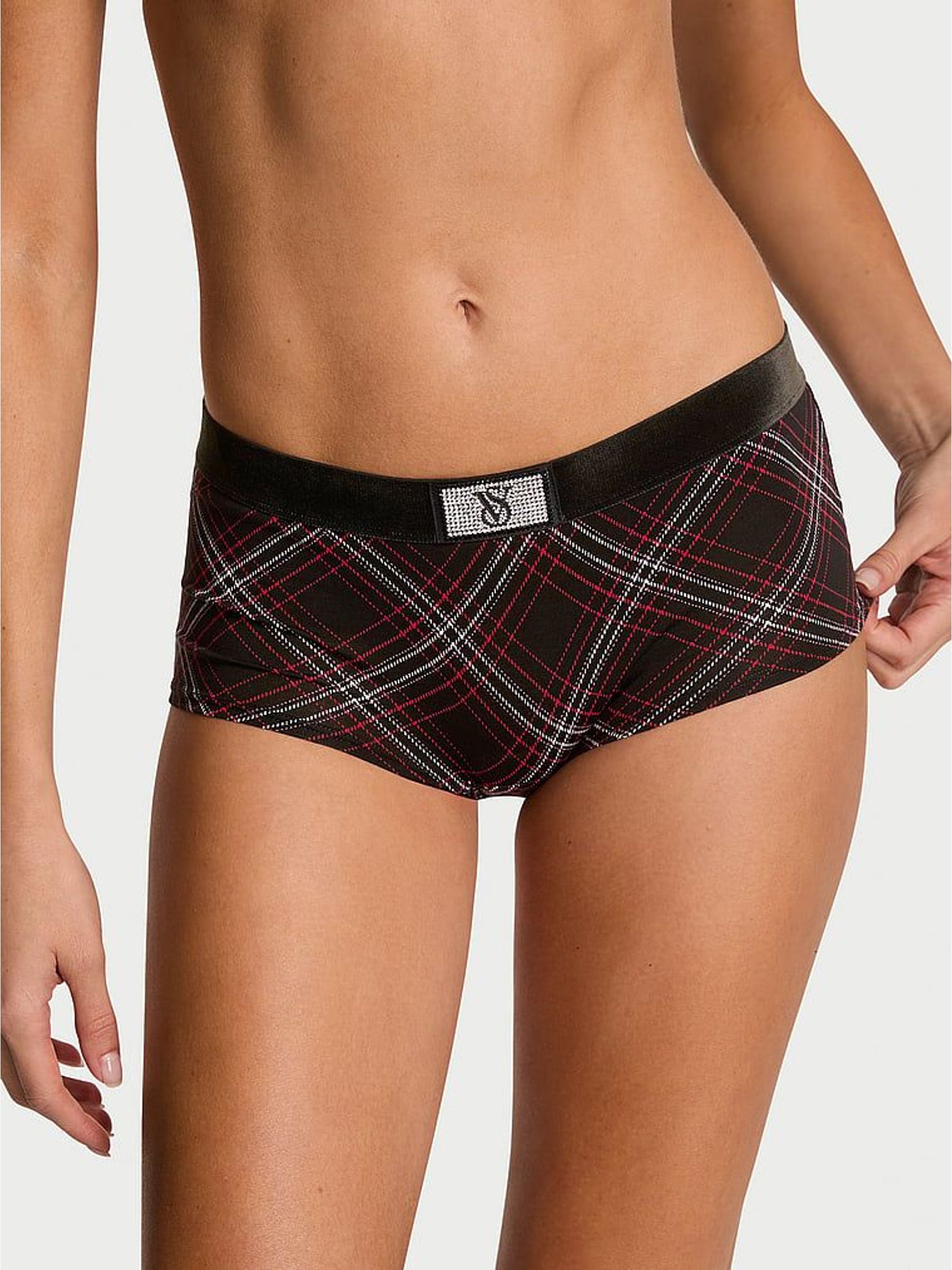 Black Tartan Short Logo Shine Patch Velvet Knickers (H65321) | £9
