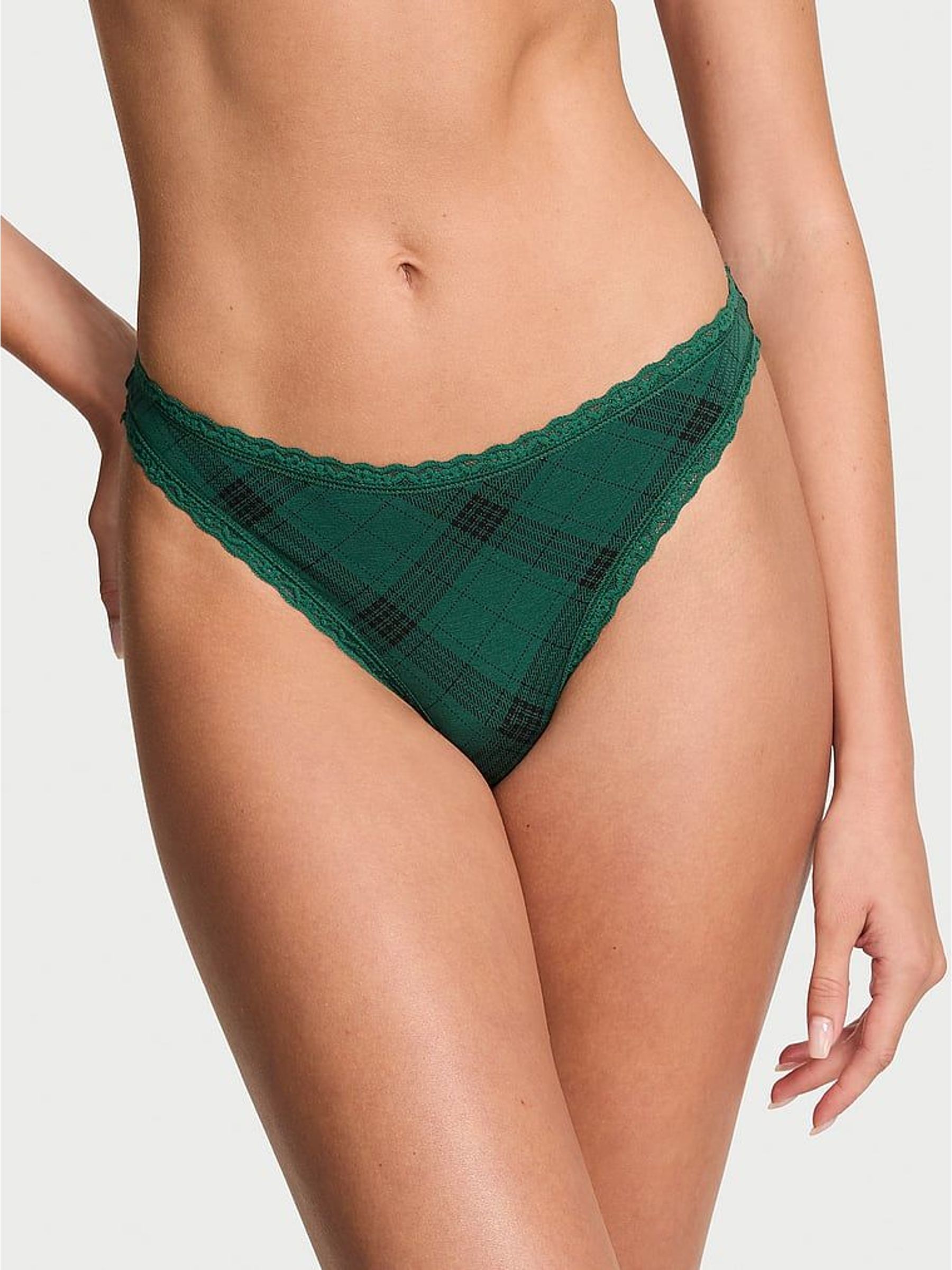 Clover Green Tartan Thong Cotton Lace Trim Knickers (H65323) | £10