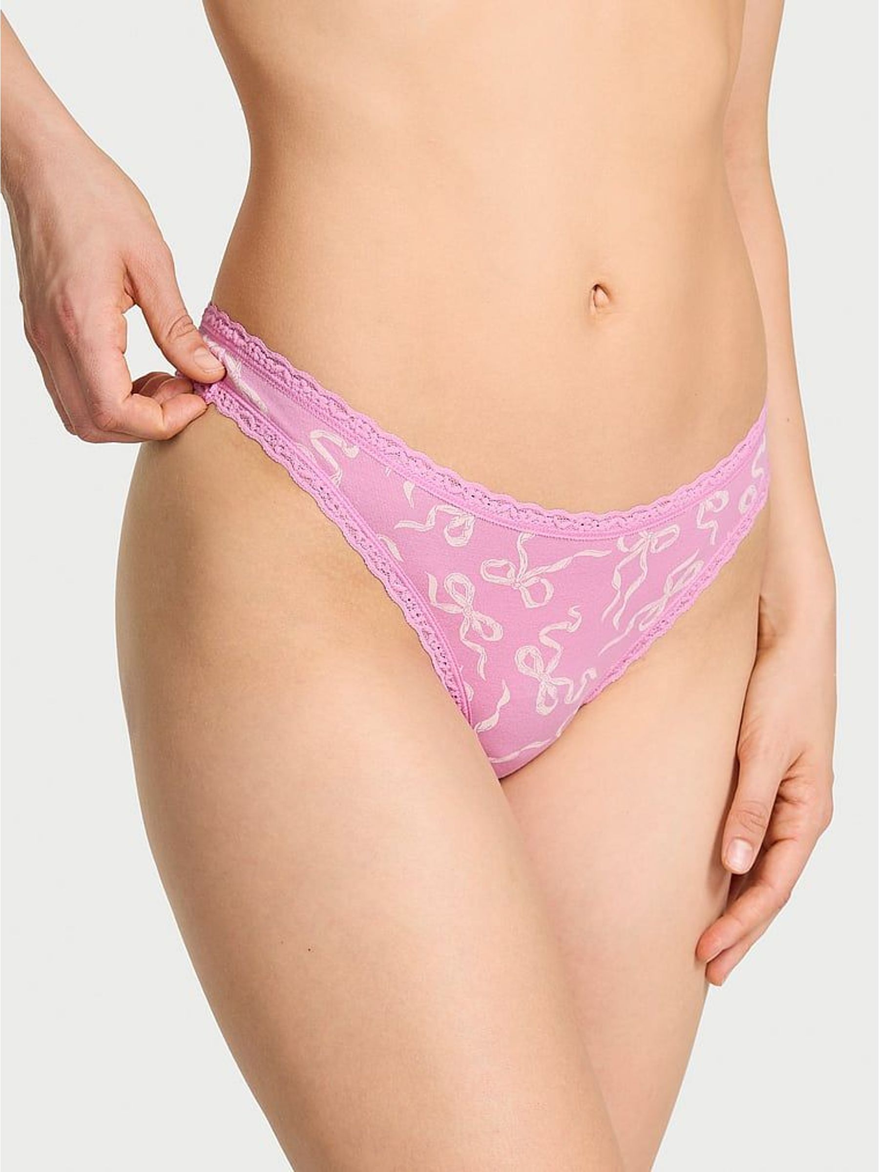 Lilac Purple Bows Thong Cotton Lace Trim Knickers (H65331) | £10