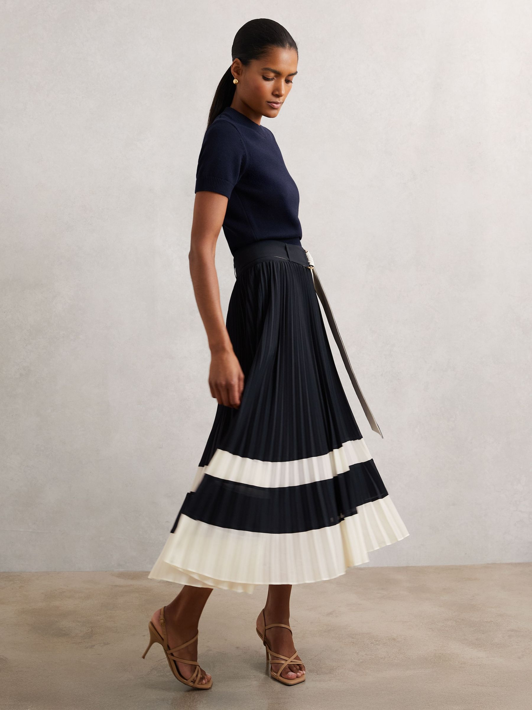 Belted Pleated Midi Skirt in Navy/Ivory (H65985) | £180