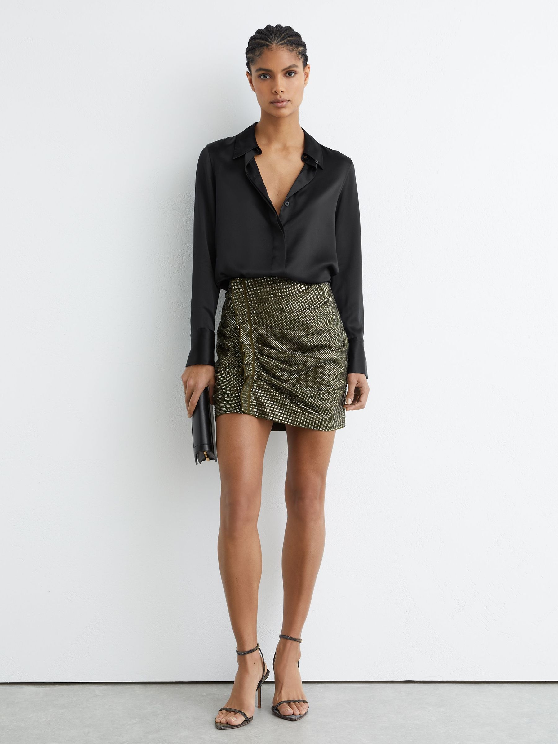 Crystal-Embellished Ruched Mini Skirt in Khaki Green (H65989) | £218