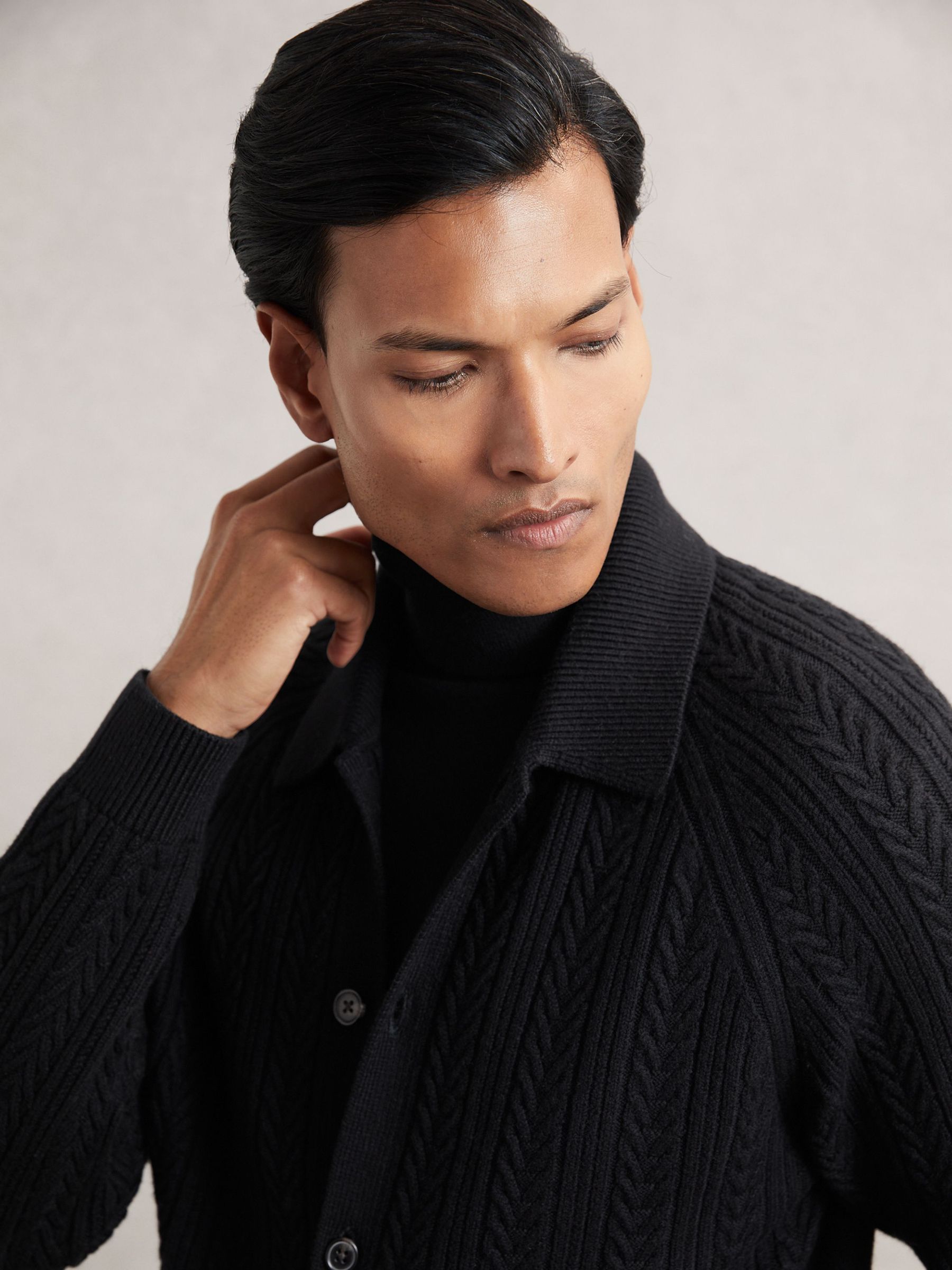 Cable-Knit Cardigan With Wool in Black (H66020) | £140