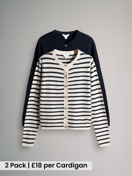 Navy/Cream Stripe 2 Pack Gold Button Knitted Cardigans With Wool (H66027) | £36