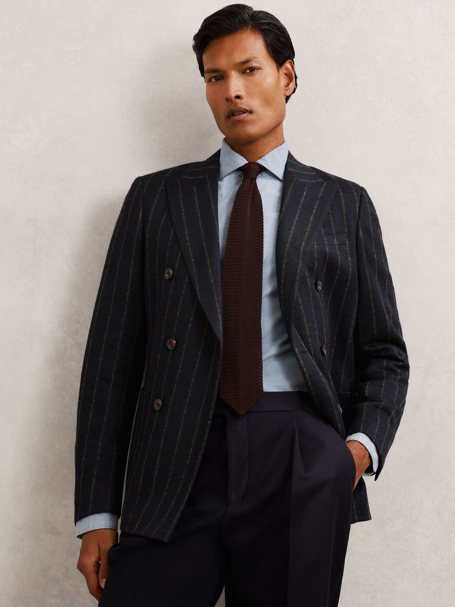 Double-Breasted Chalk-Stripe Blazer Tailored-Fit with Wool in Navy (H66133) | £328