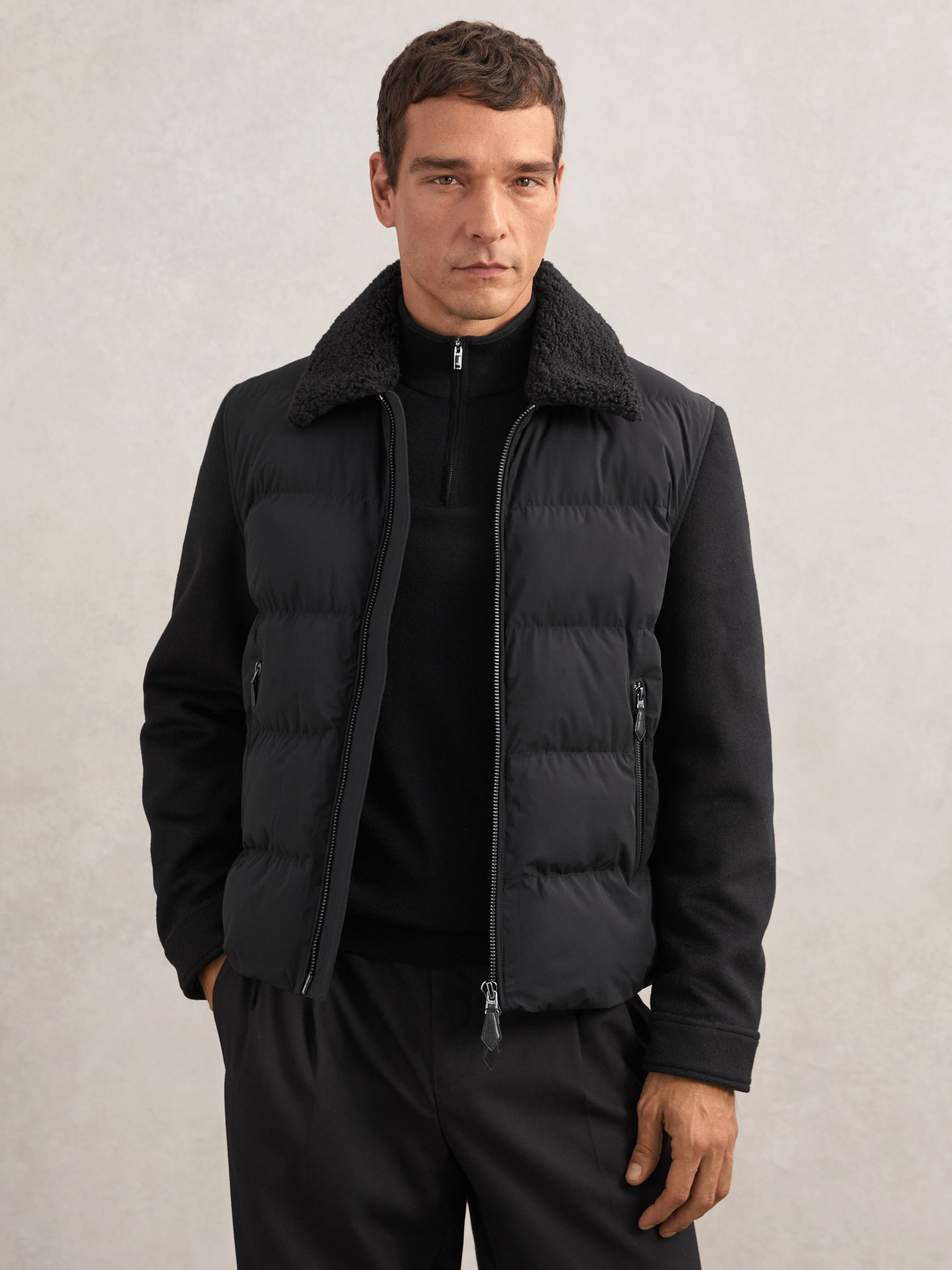 Wool-Sleeve Quilted Puffer Jacket in Black (H66135) | £298