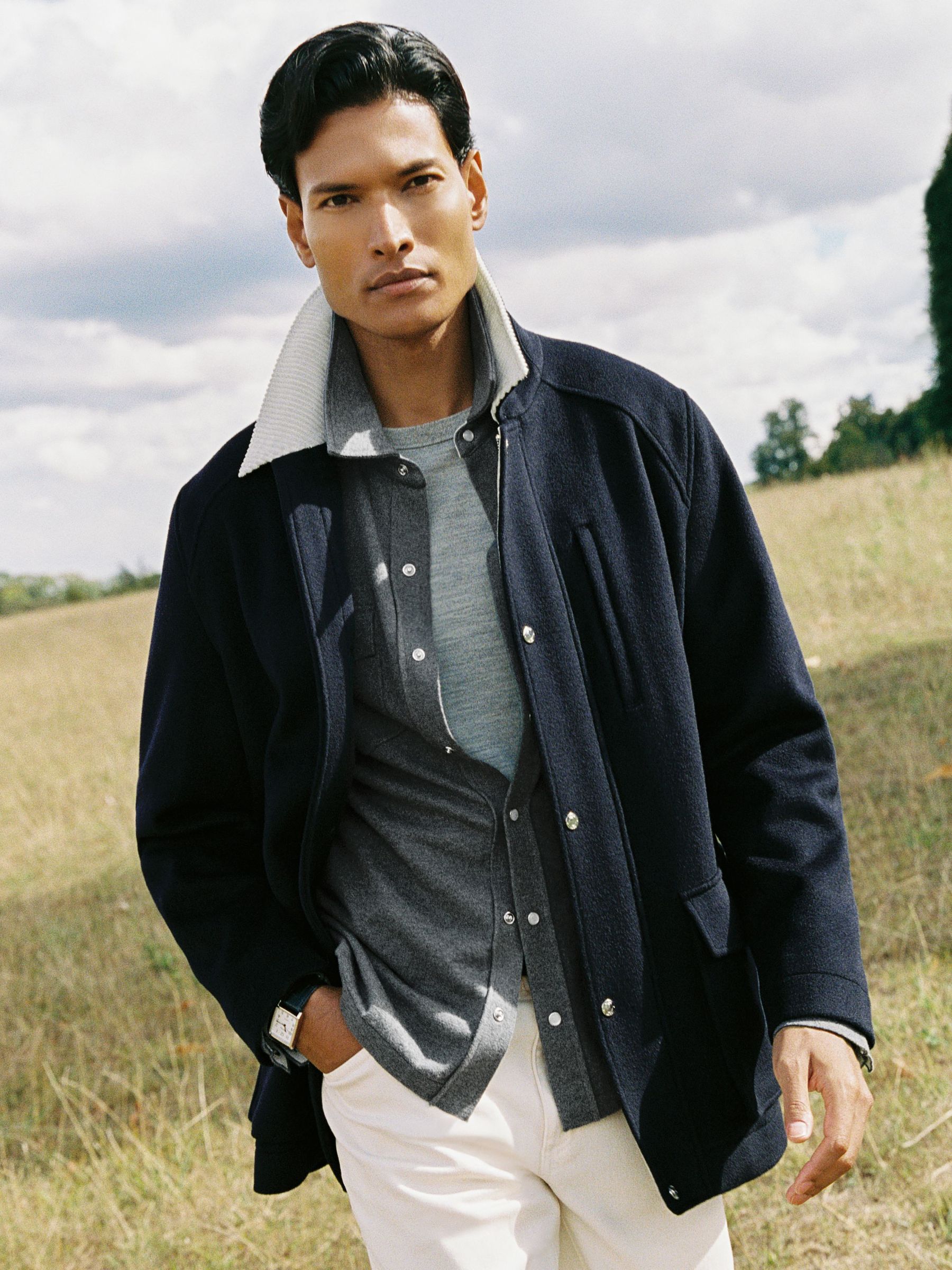 Wool-Blend Cord-Collar Worker Jacket in Navy (H66140) | £298