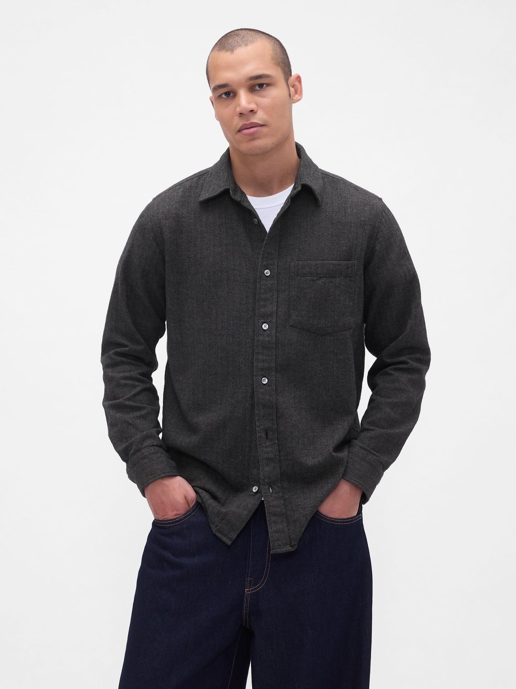 Grey Cotton Relaxed Flannel Shirt (H66464) | £45