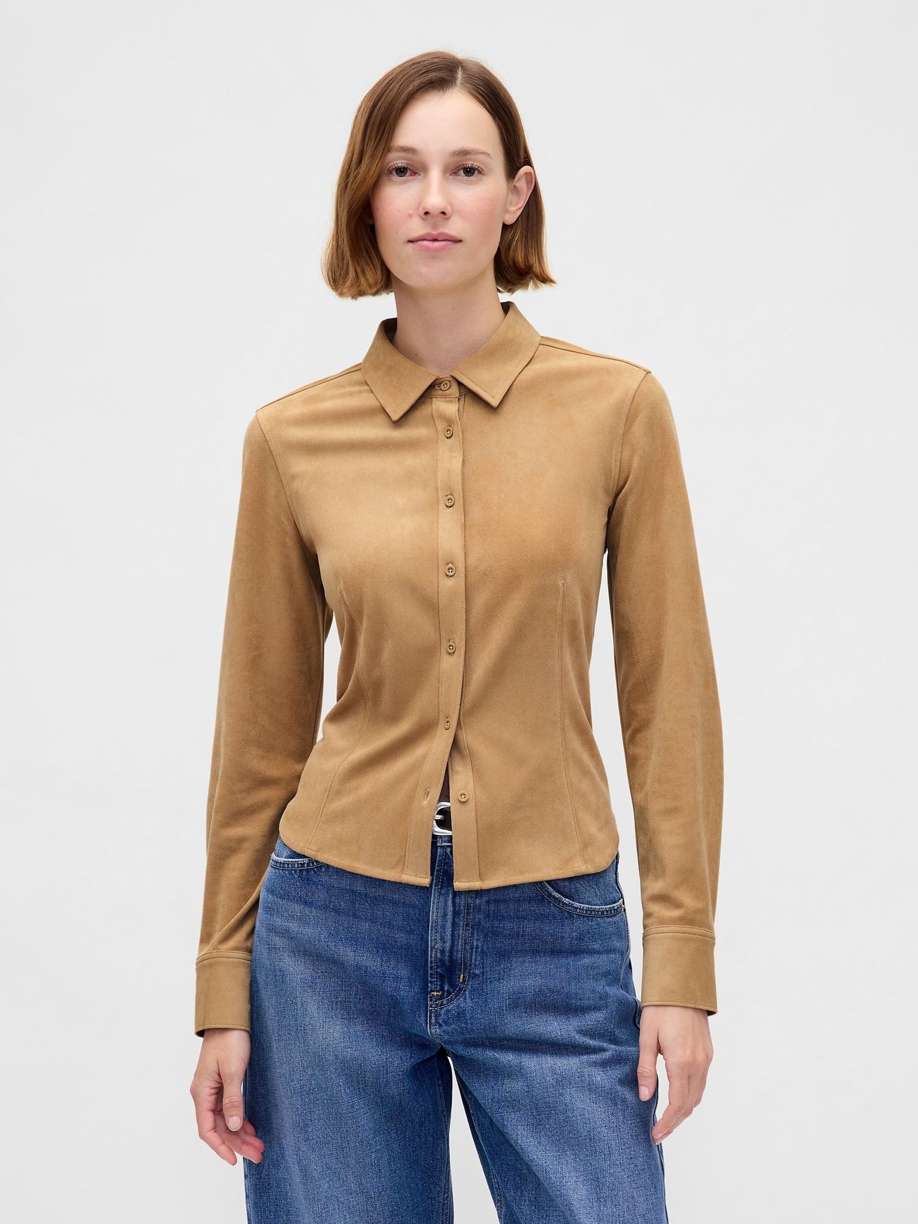 Brown - Vegan Suede Fitted Shirt