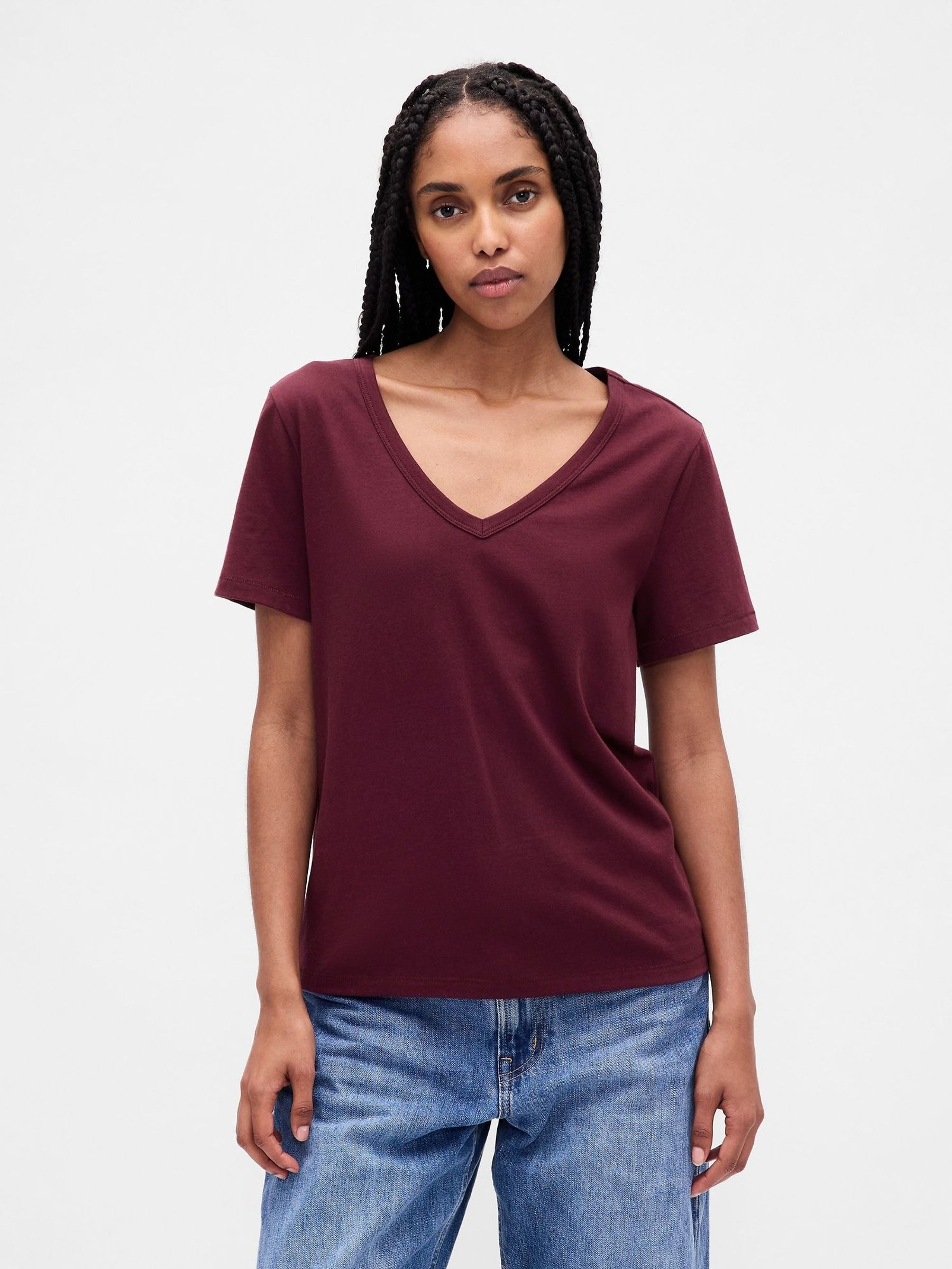 Red Vintage Soft V-Neck Short Sleeve T-Shirt (H66489) | £14