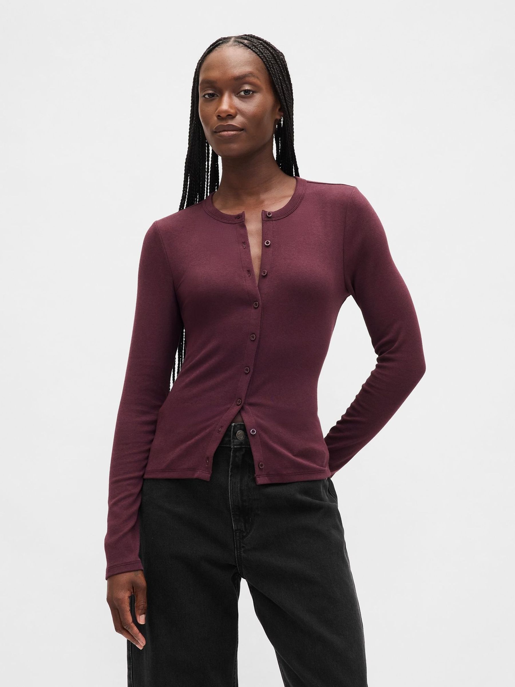 Burgundy Red Modern Crew Neck Cardigan (H66490) | £30