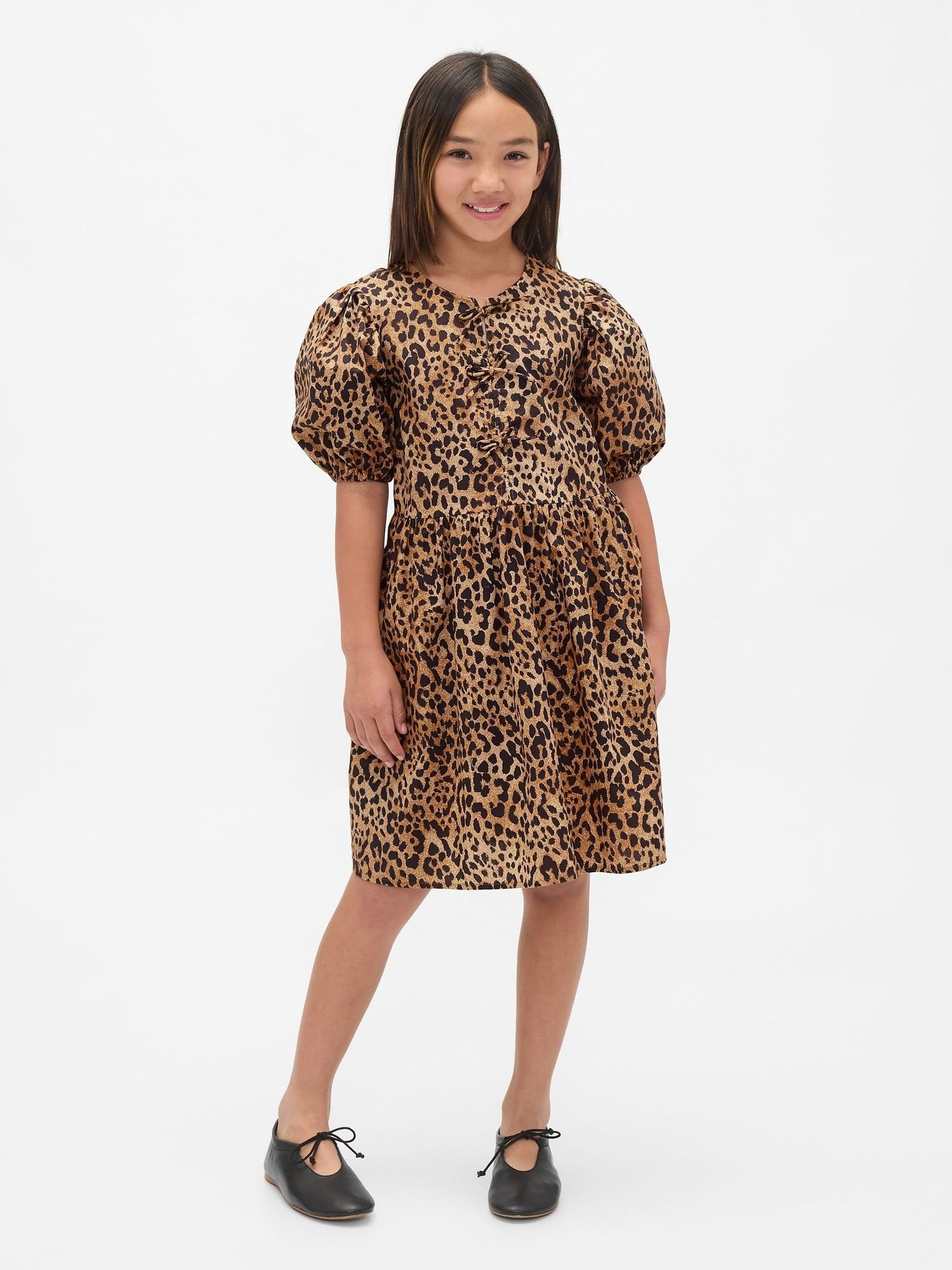 Brown Poplin Puff-Sleeve Leopard Print Dress (4-13yrs) (H66508) | £35