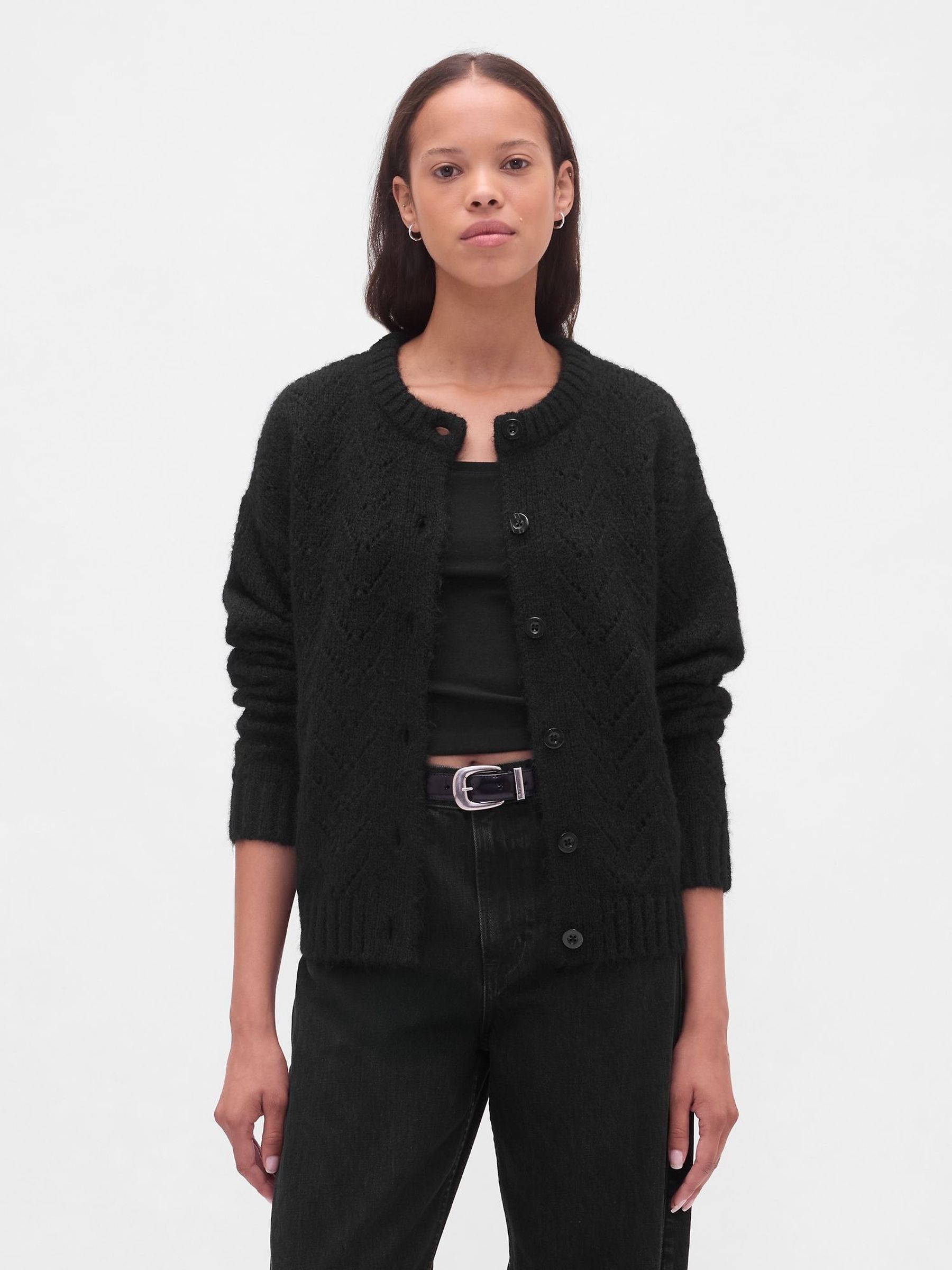 Black Fuzzy Pointelle Cardigan (H66612) | £60