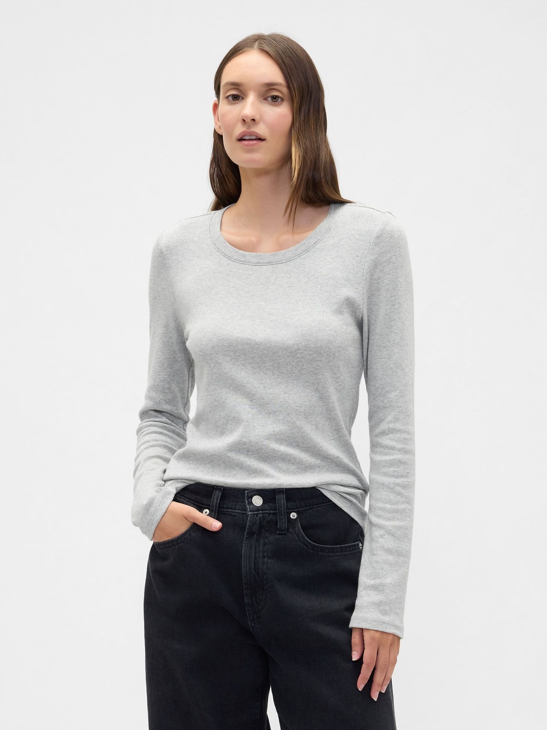 Grey Long Sleeve Modern Crewneck T-Shirt (H66630) | £14