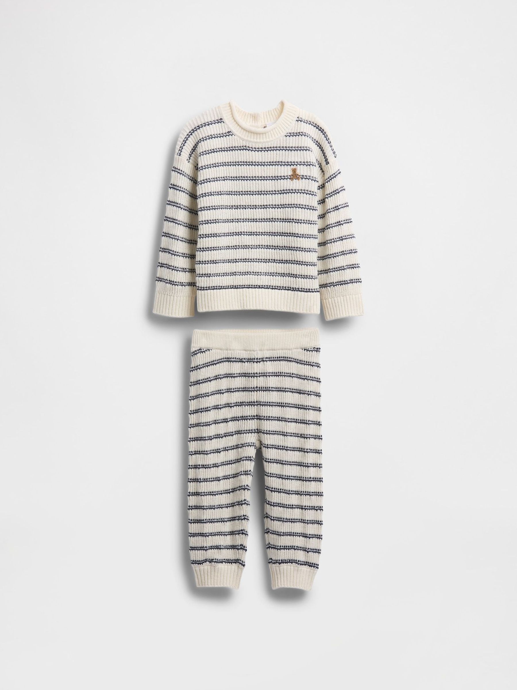 Cream/Blue Stripe Baby Brannan Bear Crochet Knit & Joggers Outfit Set (Newborn-24mths) (H66641) | £35