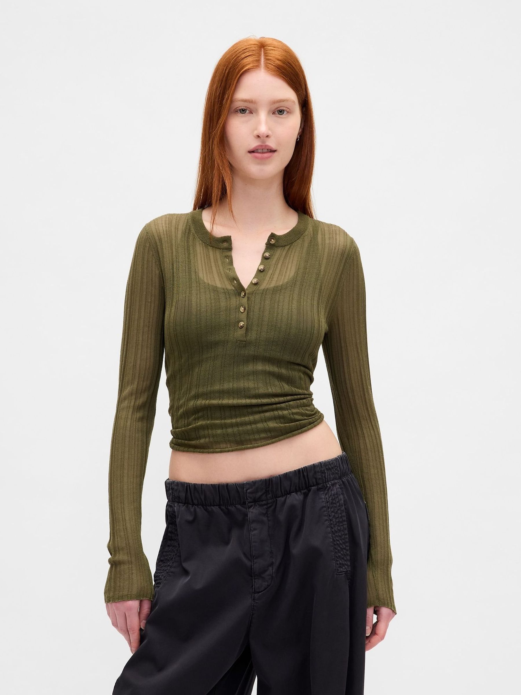 Green Long Sleeve Sheer Rib Henley Top (H66653) | £45