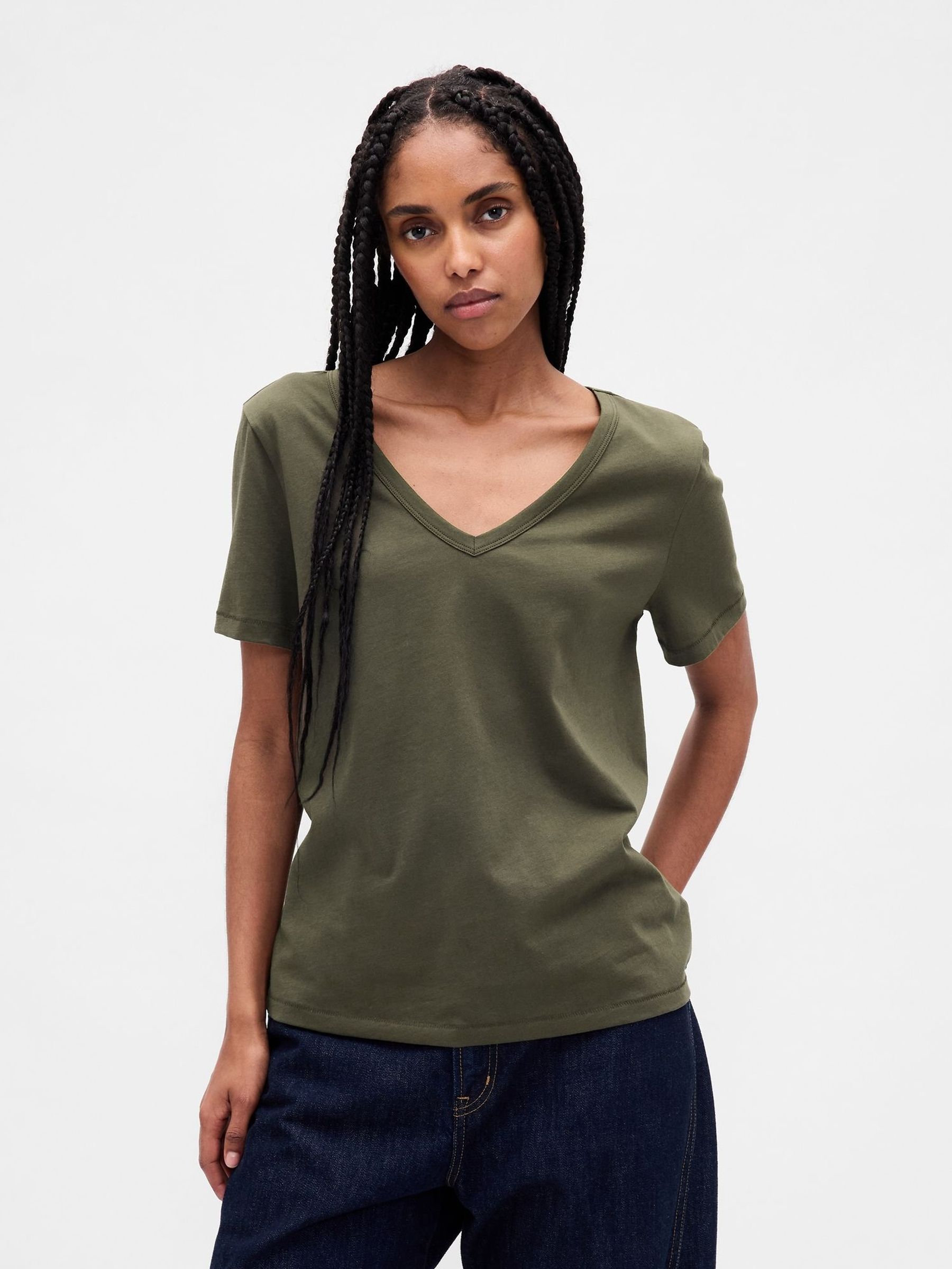 Green Vintage Soft V Neck Short Sleeve T-Shirt (H66666) | £14