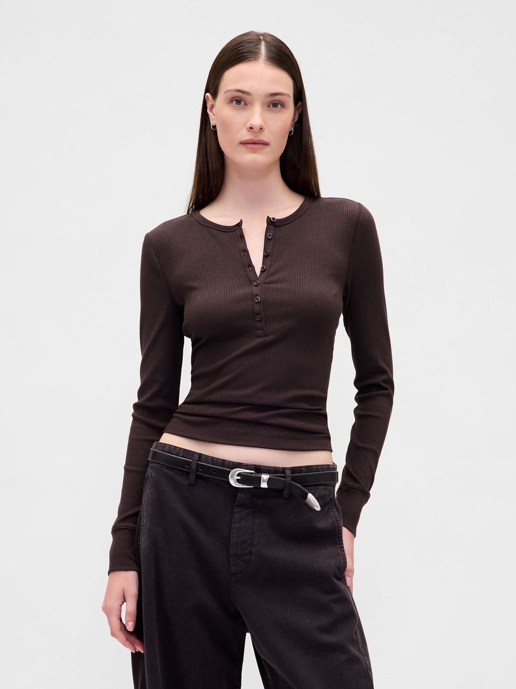 Brown Modern Rib Long Sleeve Henley T-Shirt (H66766) | £30
