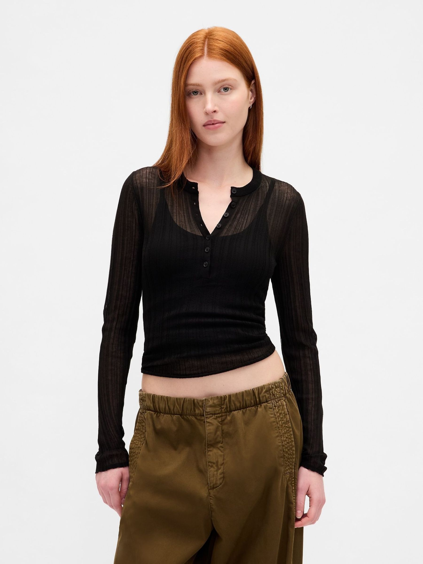 Black Long Sleeve Sheer Rib Henley Top (H66795) | £45
