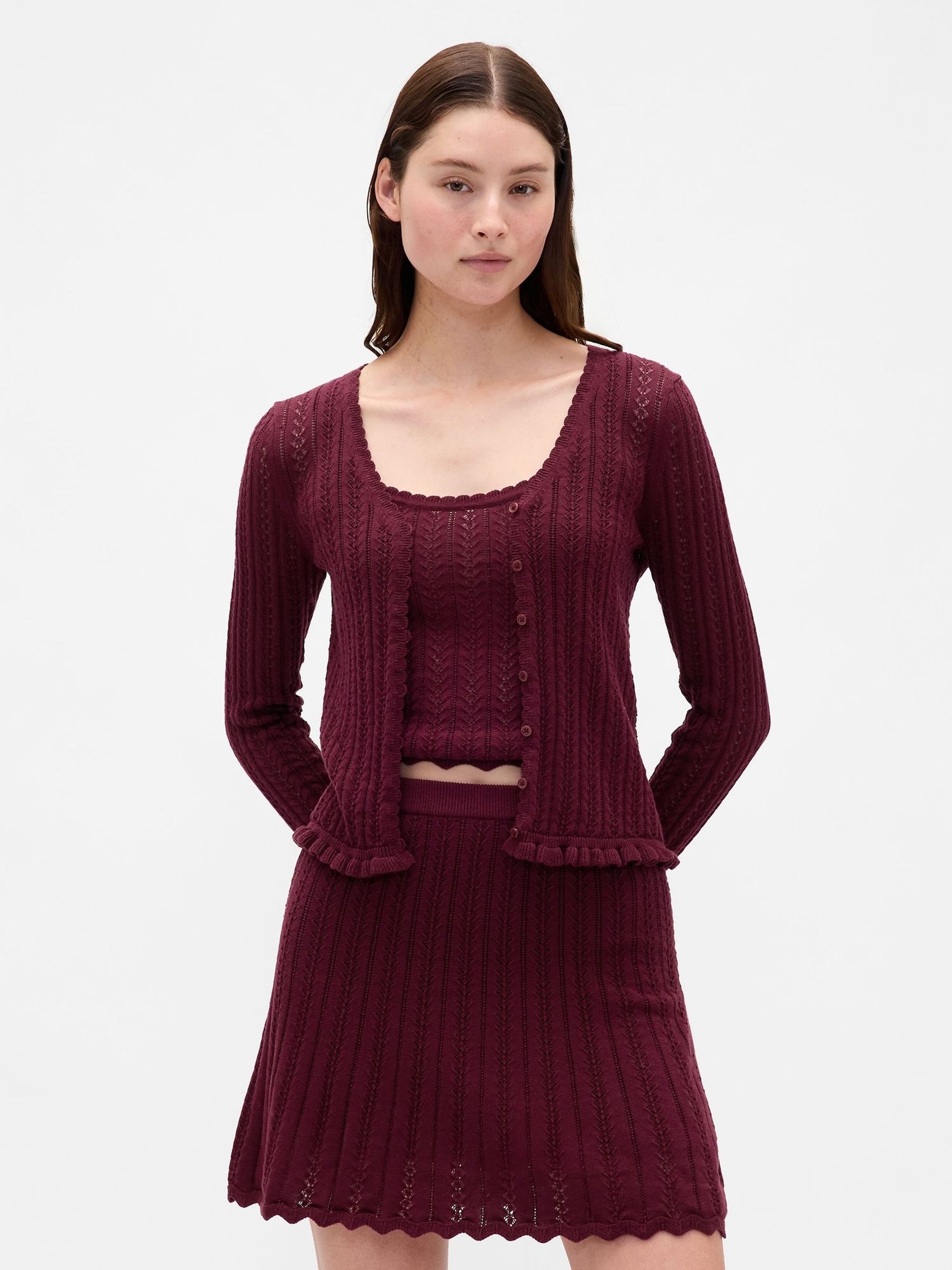 Burgundy Red Pointelle Cardigan (H66797) | £40