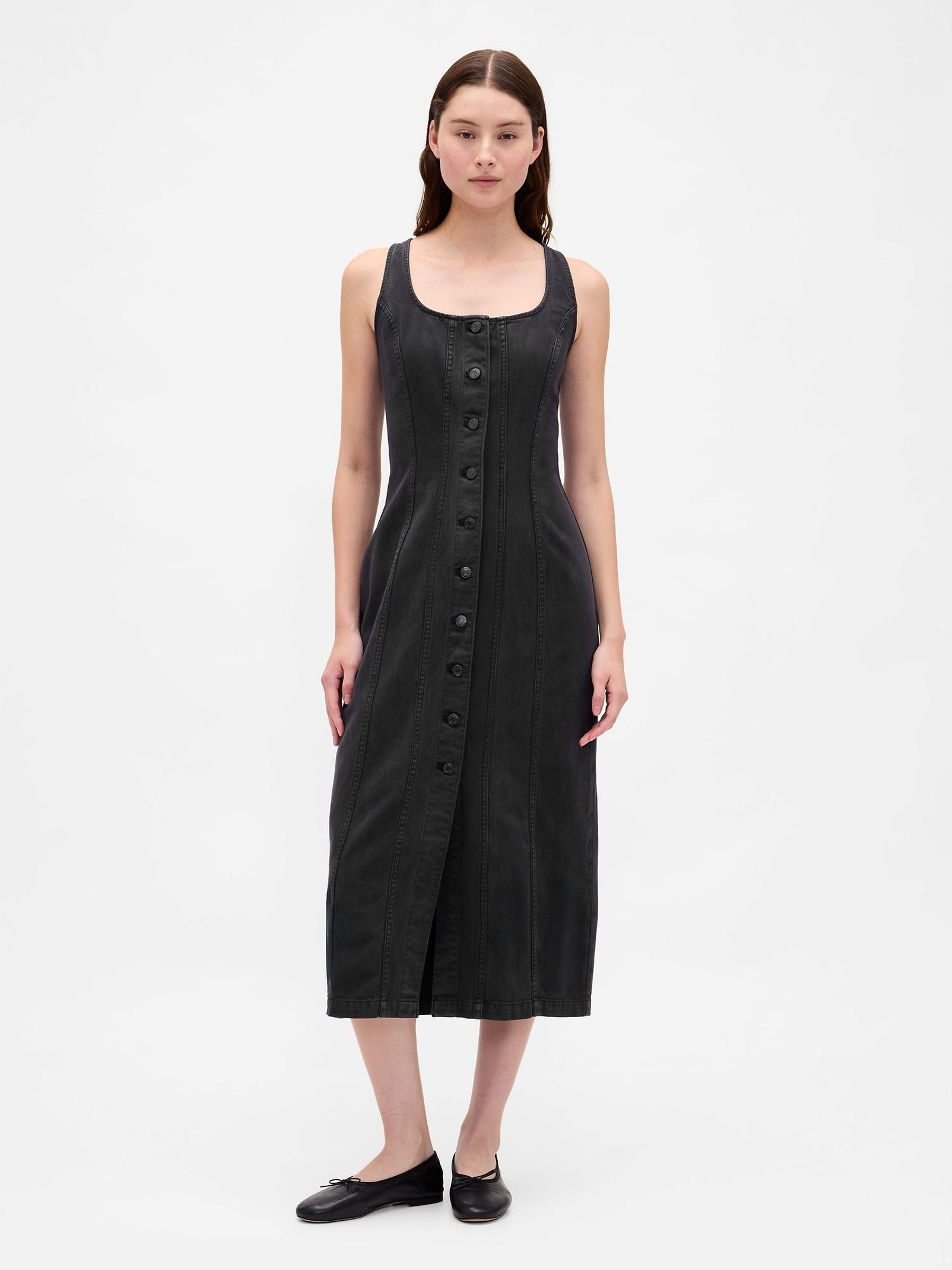 Black Seamed Button Front Midi Dress (H66820) | £85