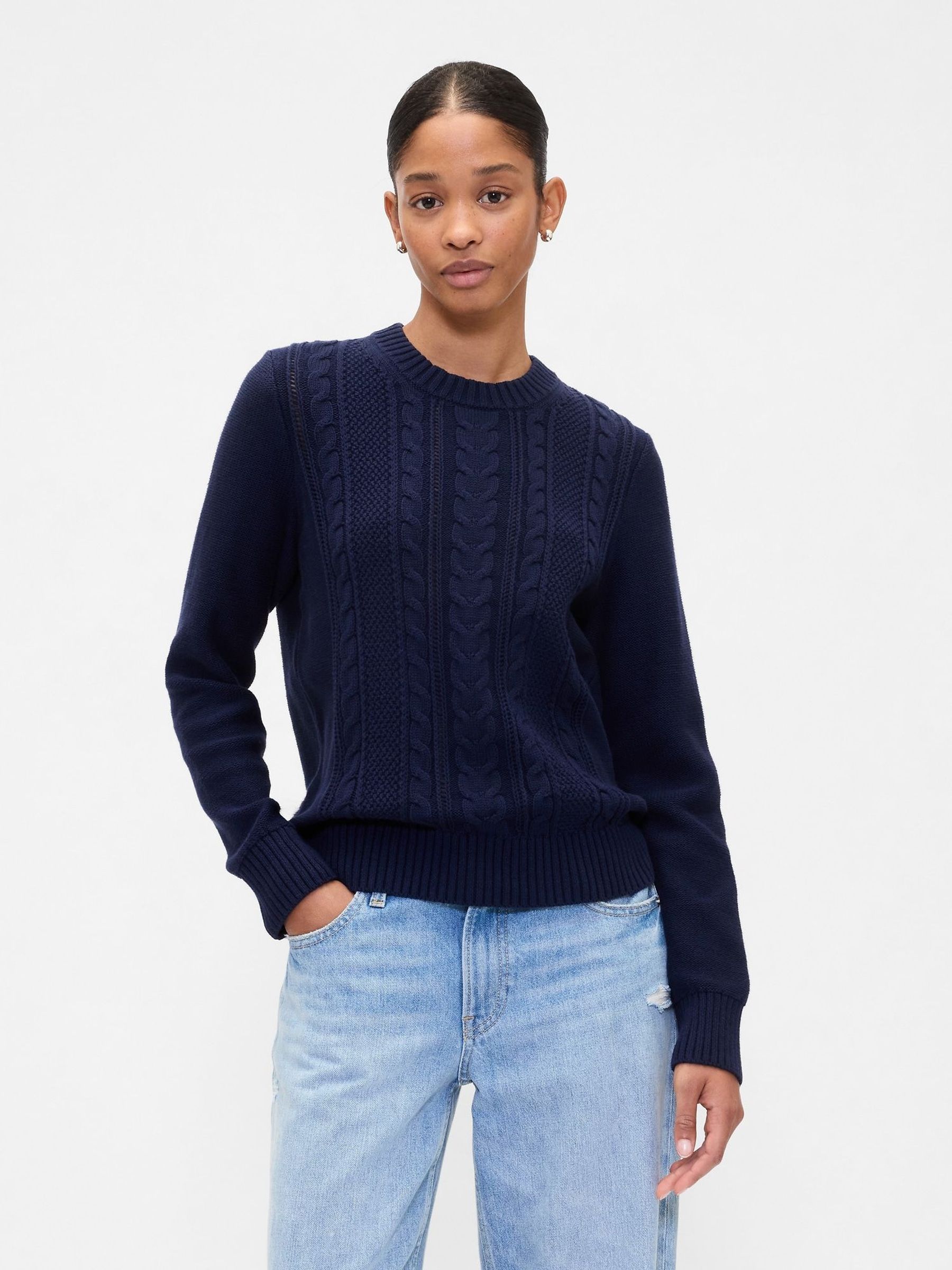 Navy Blue Cotton Cable Knit Sweatshirt (H66862) | £30
