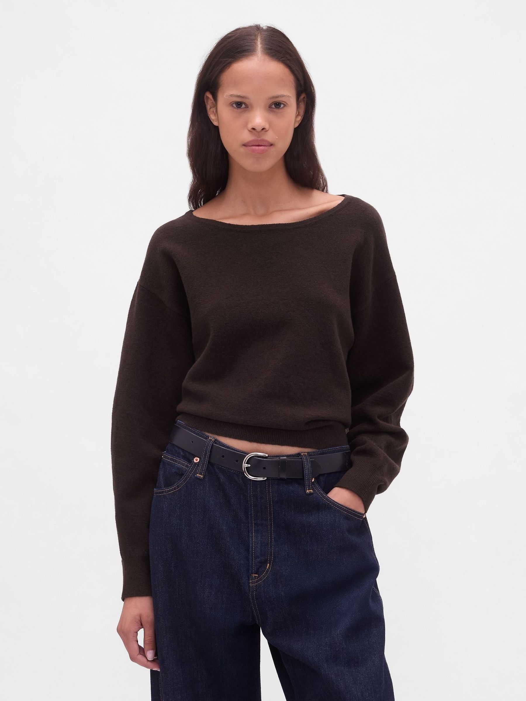 Brown CashSoft Stretch Lantern-Sleeve Crop Jumper (H66889) | £60