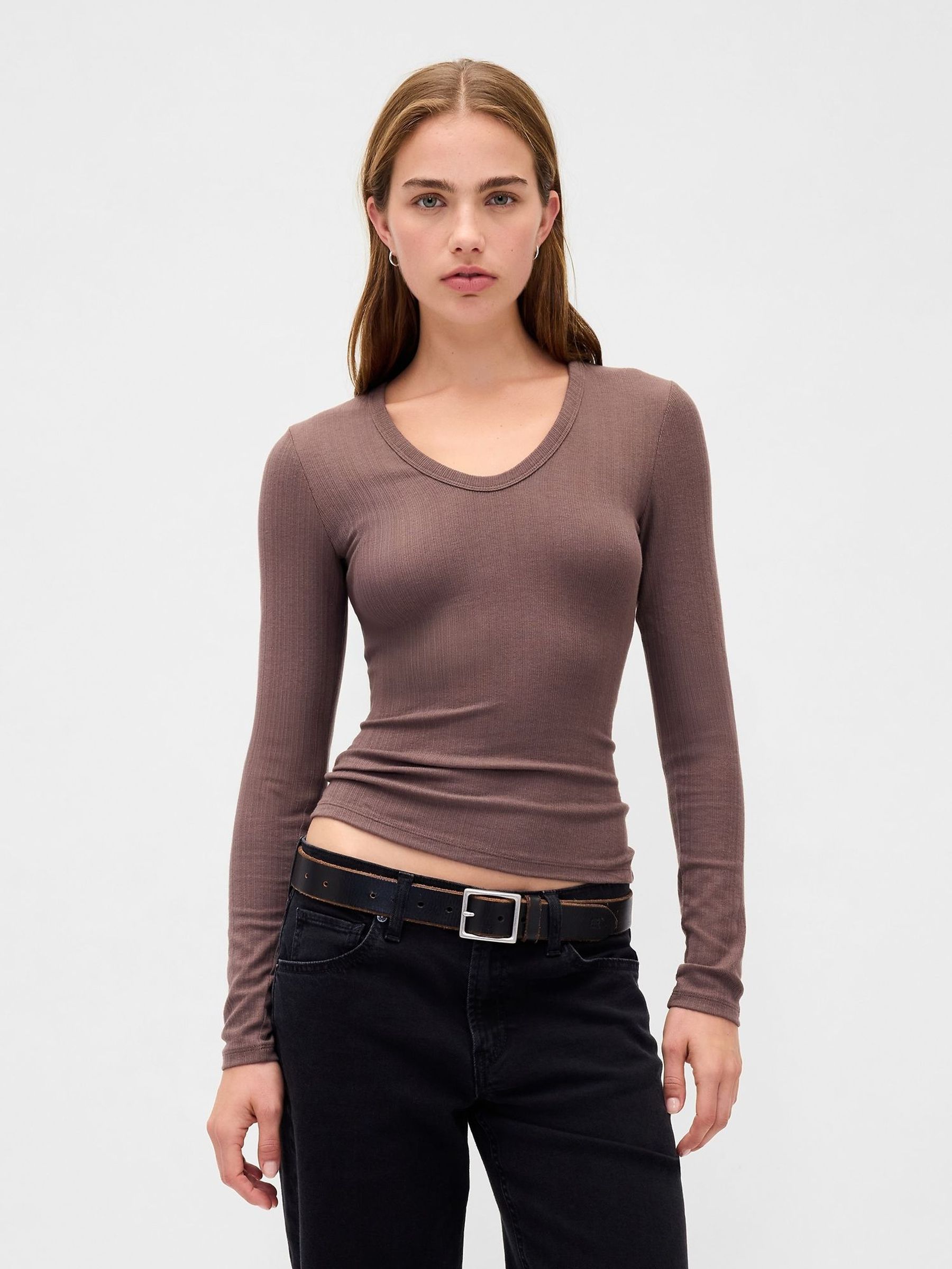 Modern Brown Long Sleeve Sheer Ribbed T-Shirt (H66913) | £30