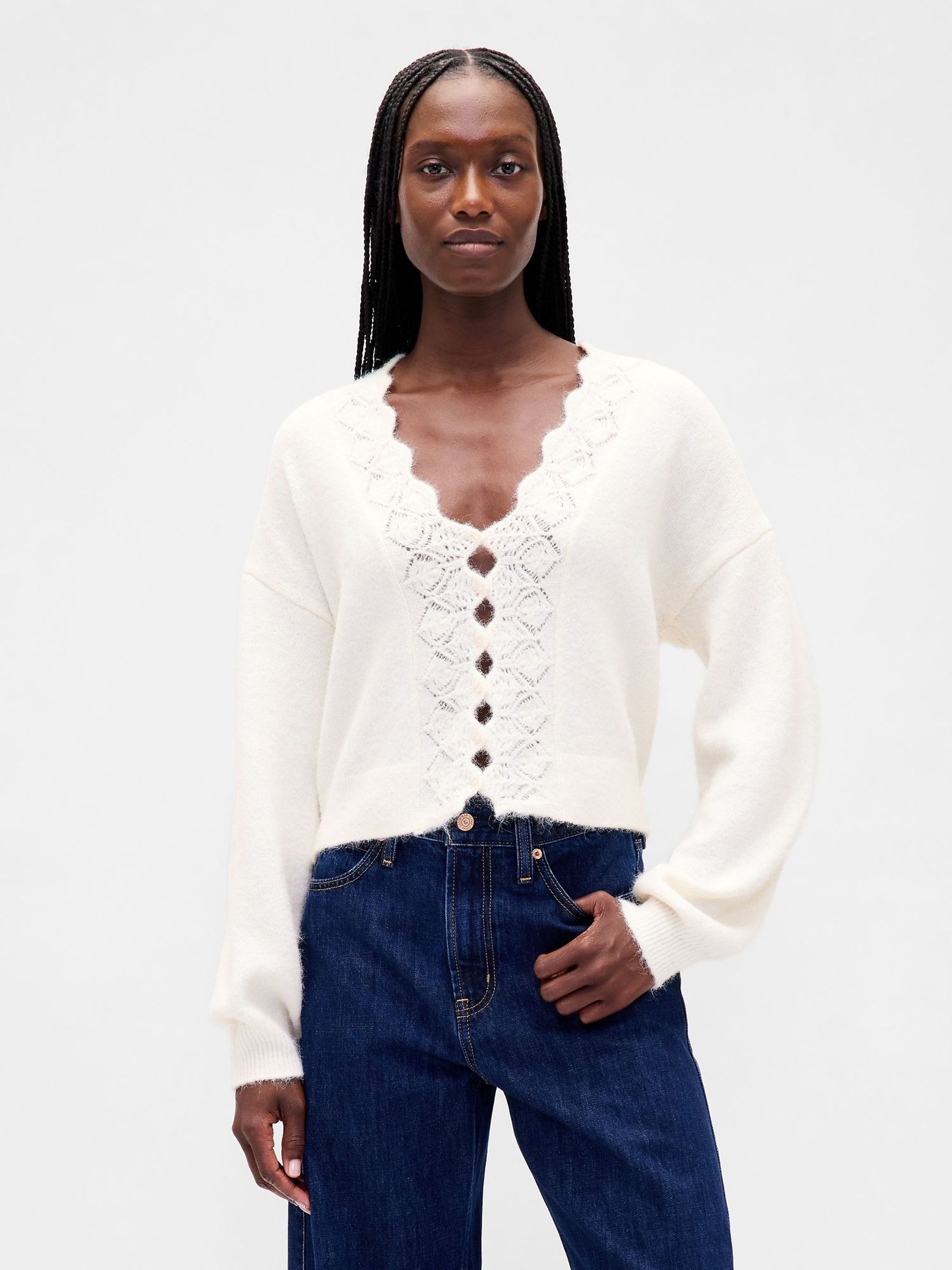 Cream Fuzzy Pointelle Scalloped Crop Cardigan (H66923) | £45