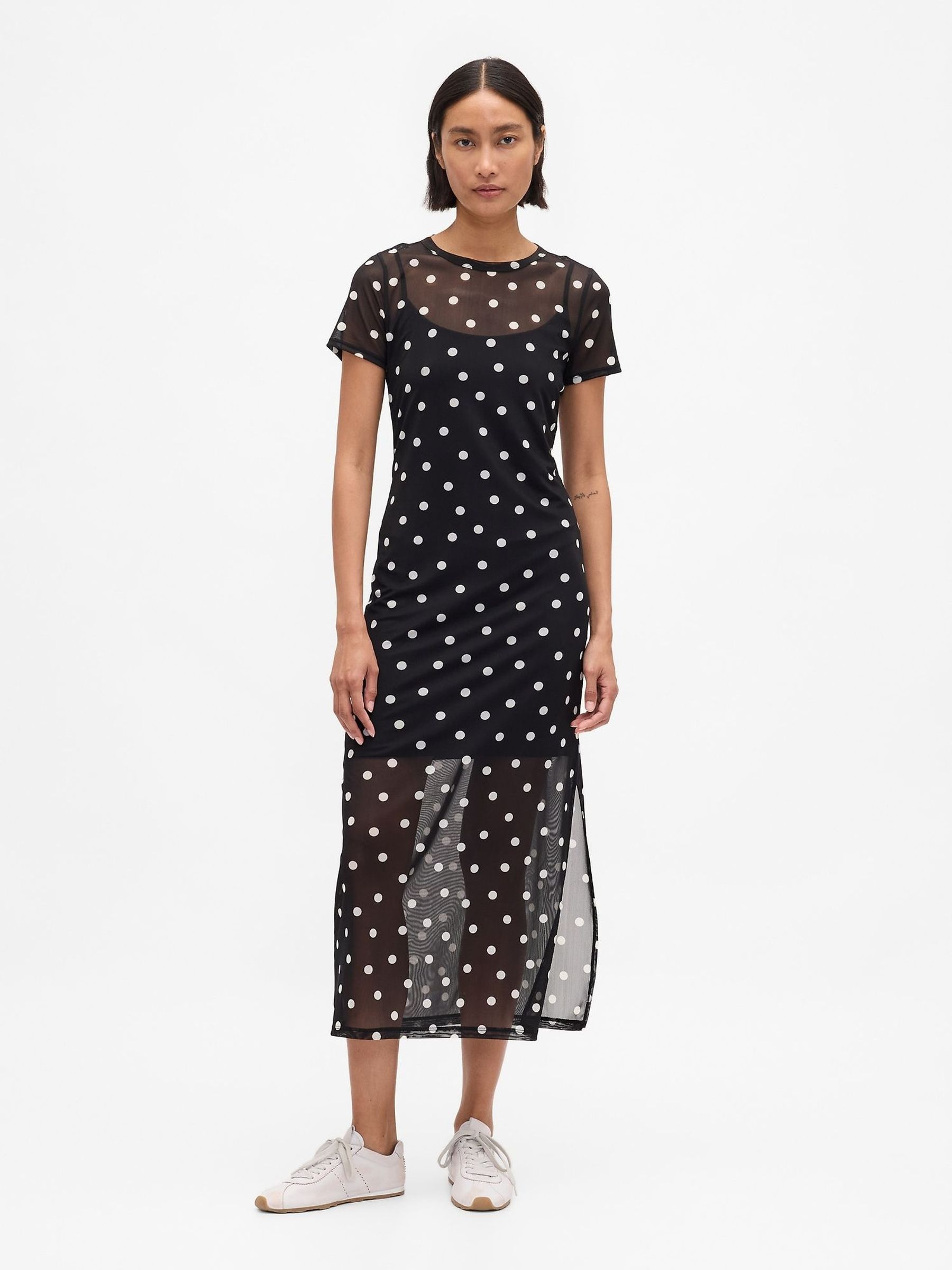Black/White Dot Mesh Square Neck Maxi Dress (H66932) | £60