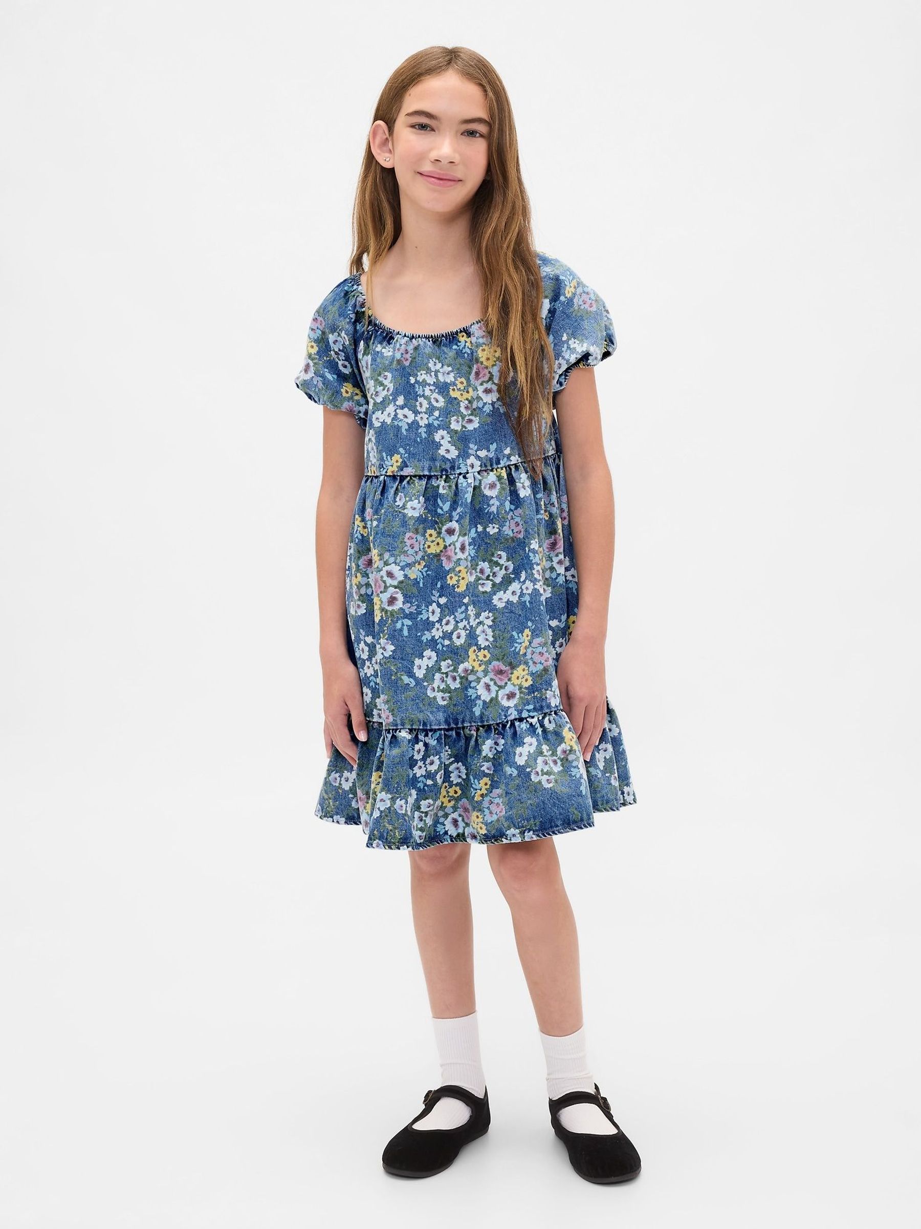Blue Denim Puff-Sleeve Floral Dress (4-13yrs) (H66943) | £35