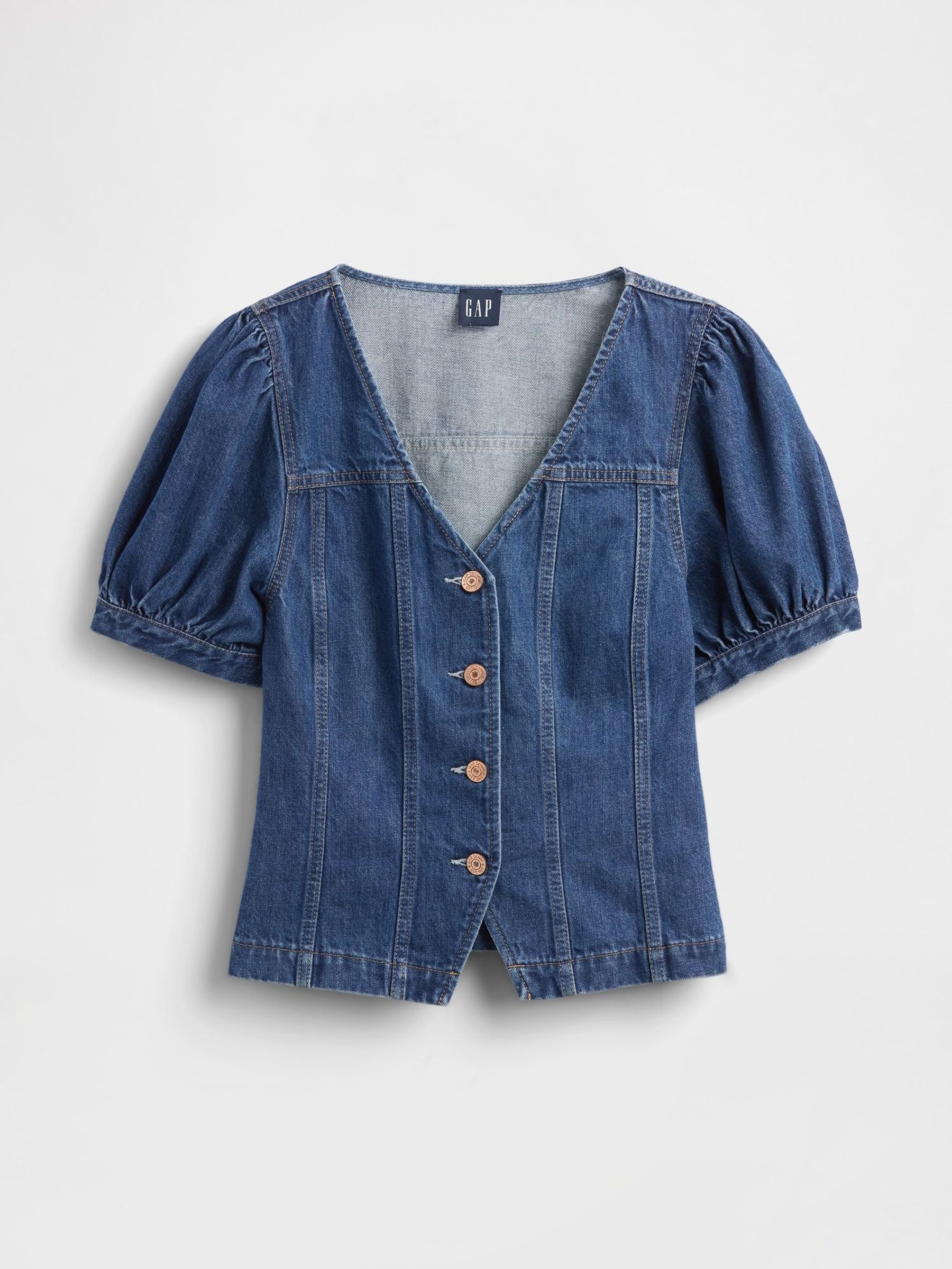 Blue Denim Puff Sleeve Seamed Top (H66973) | £45