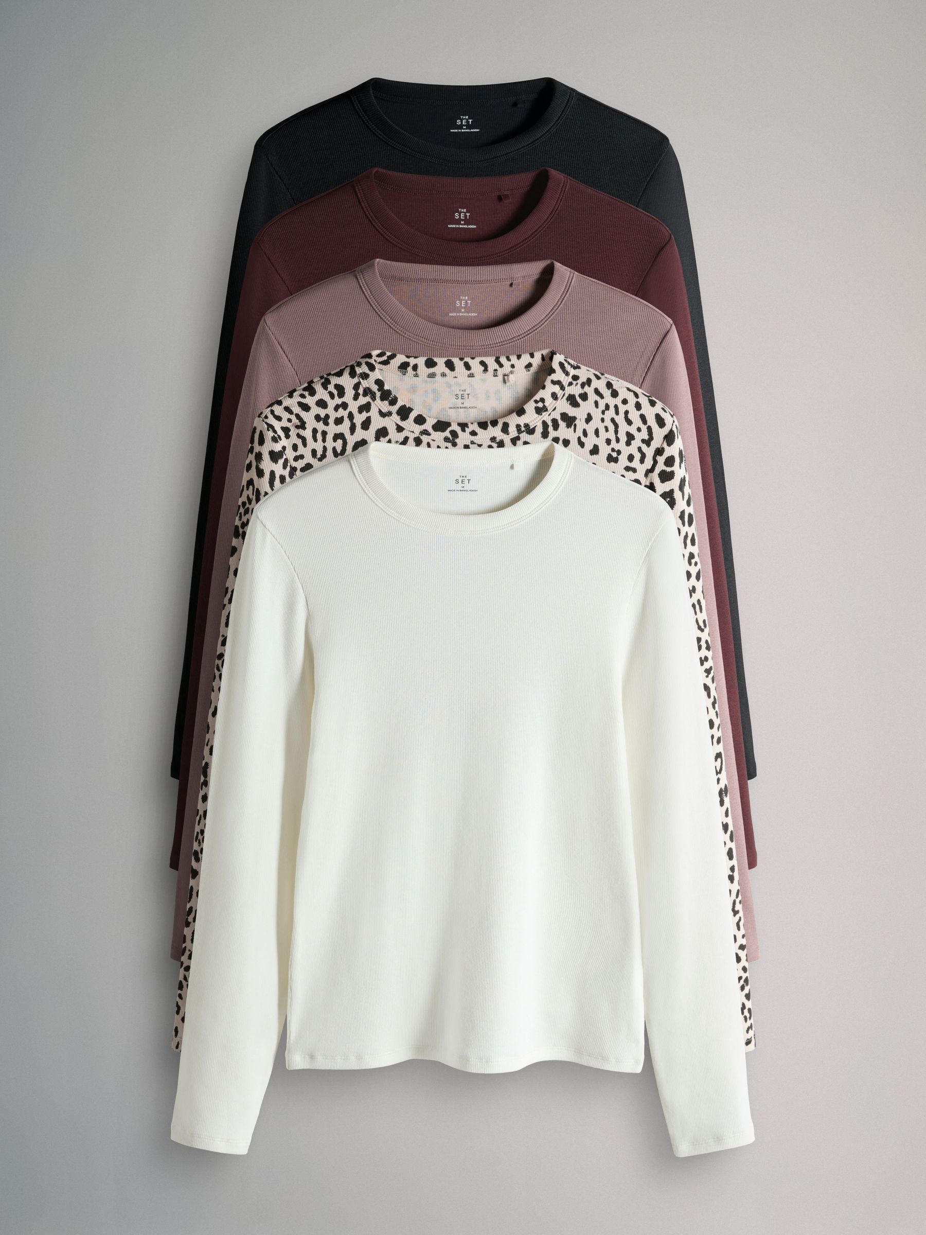 Mauve/Berry/Leopard/Black/Cream - 5 Pack Ribbed Long Sleeve T-Shirts (H67088) | £30