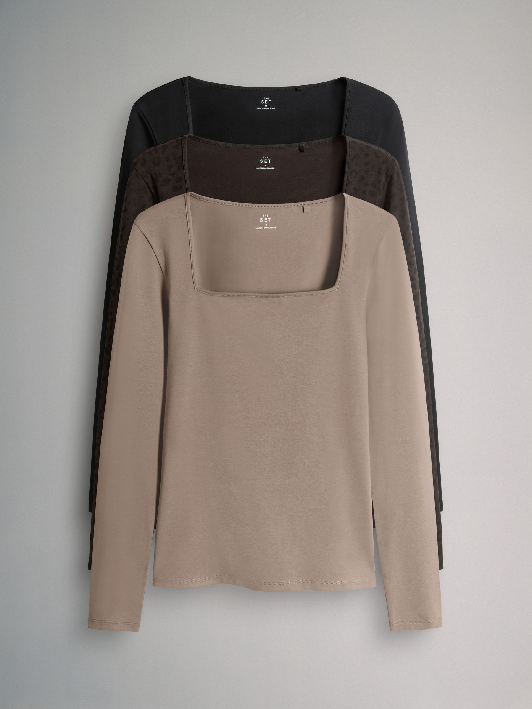 Black/Animal/Taupe Brown - 3 Pack Square Neck Long Sleeve T-Shirts (H67319) | £21