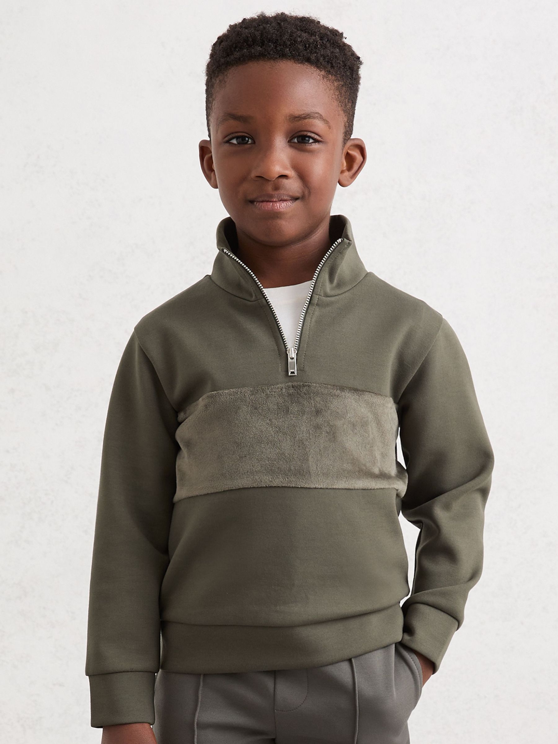3-9 yrs Slim Fit Half-Zip Funnel Neck Velour Sweatshirt in Dark Sage Green (H68164) | £38