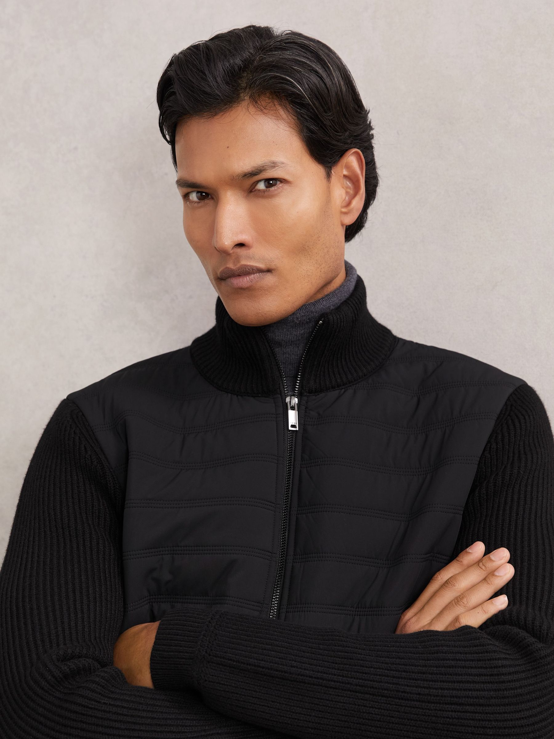 Quilted Rib-Knit Funnel-Neck Jacket in Black (H68177) | £178