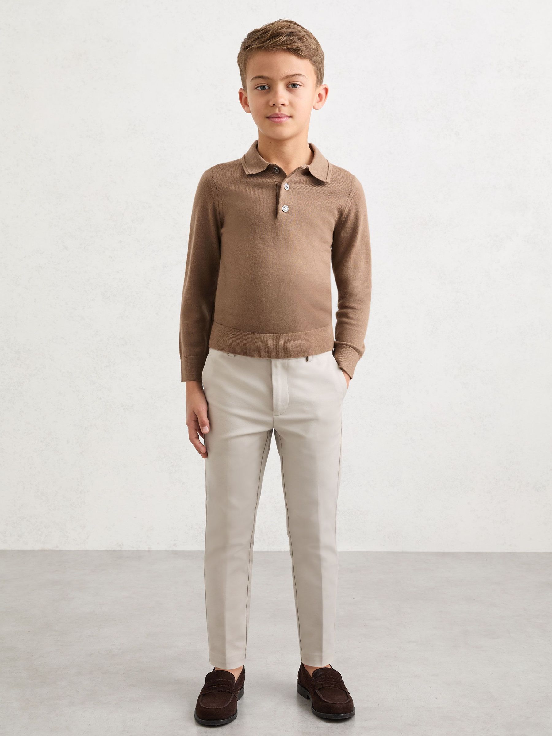 Merino Wool Long-Sleeve Polo Shirt in Camel Brown (H68306) | £38