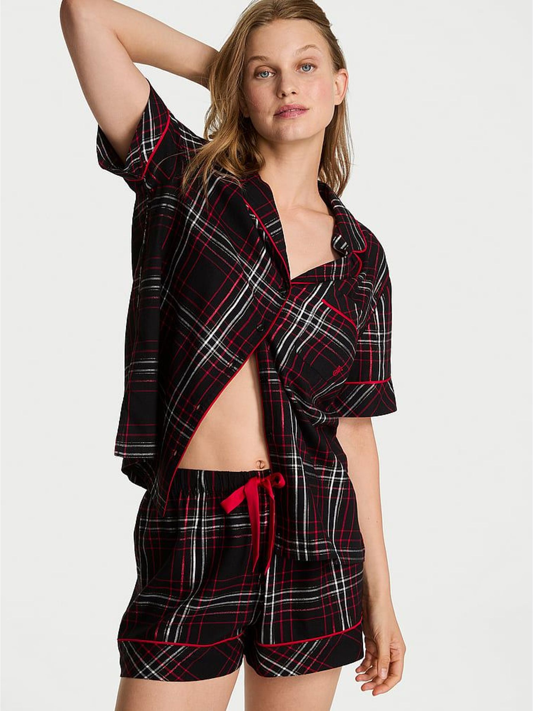 Black & Red Tartan Flannel Short Pyjamas Set (H68625) | £50