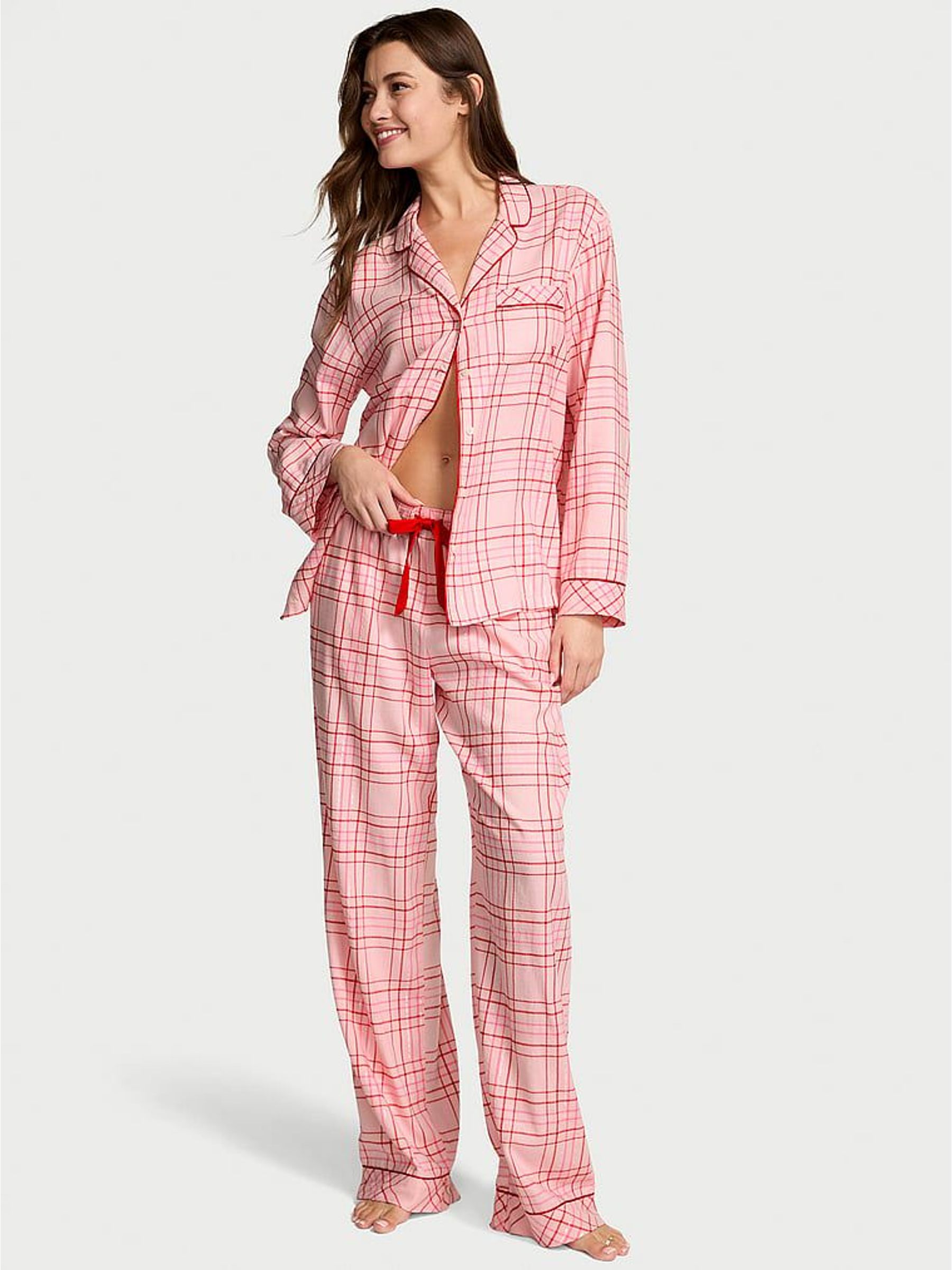 Pretty Blossom Pink Christmas Tartan Flannel Long Pyjamas Set (H68632) | £60