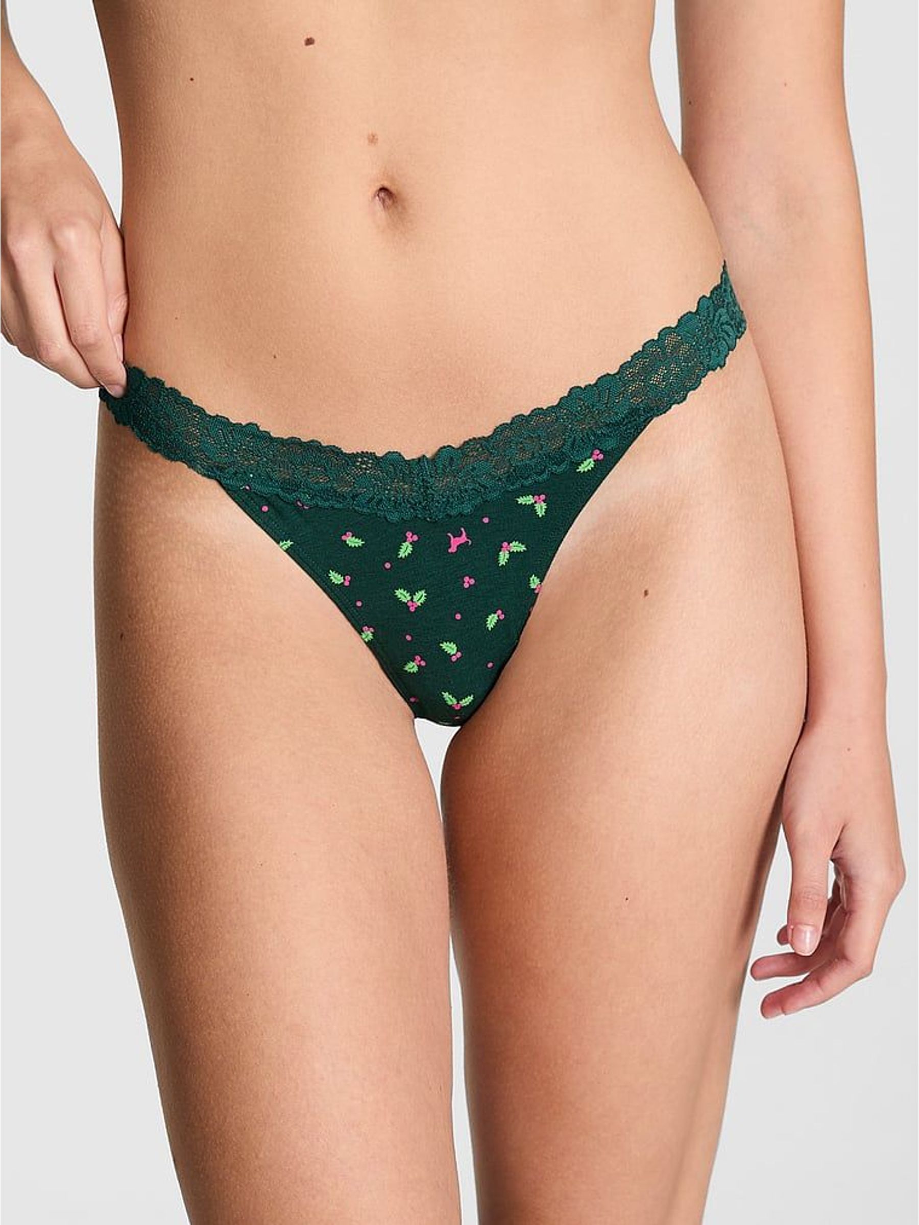 Deep Forest Green Holly Print Thong Cotton Heather Lace Trim Knickers (H68649) | £10
