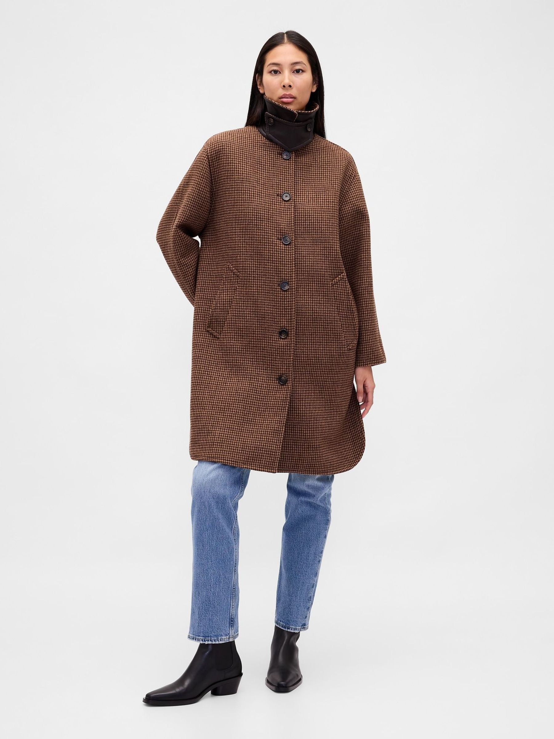 Brown Wool Blend Houndstooth Car Coat (H69943) | £185