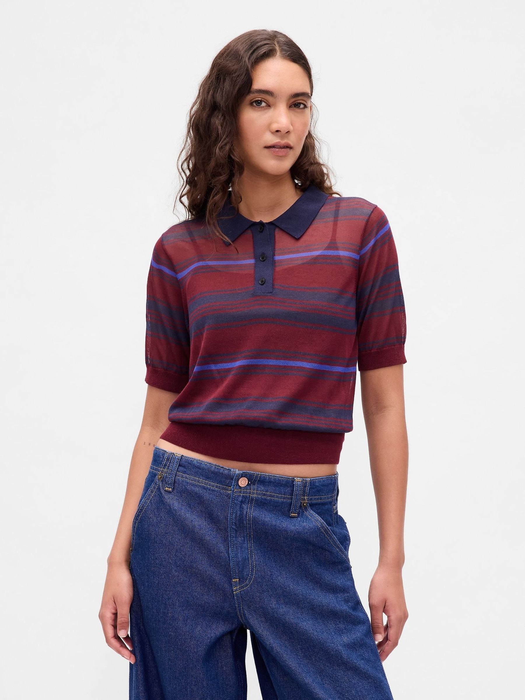 Red Stripe Sheer Crop Polo Jumper (H69945) | £35