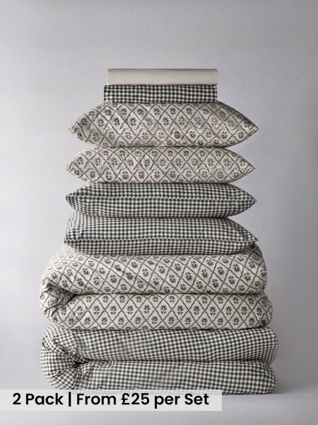 2 Pack Black Gingham/Blockprint Printed Duvet Cover and Pillowcase Set with Fitted Sheets (H70262) | £50 - £90