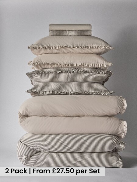 2 Pack Natural/Stripe Frill Duvet Cover and Pillowcase Set with Fitted Sheets (H70263) | £55 - £105