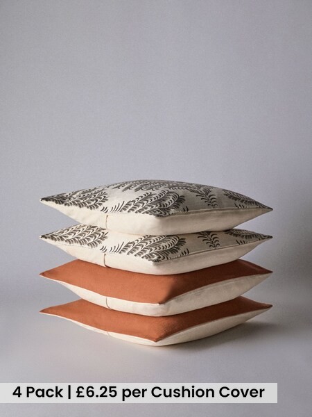 4 Pack Rust/Natural Palm Woodblock Printed Cotton Cushion Covers (H70270) | £25