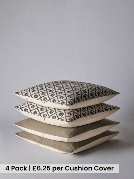 4 Pack Natural Woodblock Printed Cotton Cushion Covers (H70272) | £25
