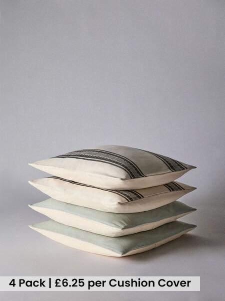 4 Pack Green/Natural Stripe Woodblock Printed Cotton Cushion Covers (H70273) | £25