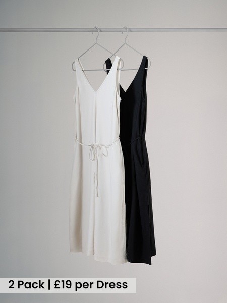 Black/Stone 2 Pack Tie Waist Dresses With Linen (H70527) | £38