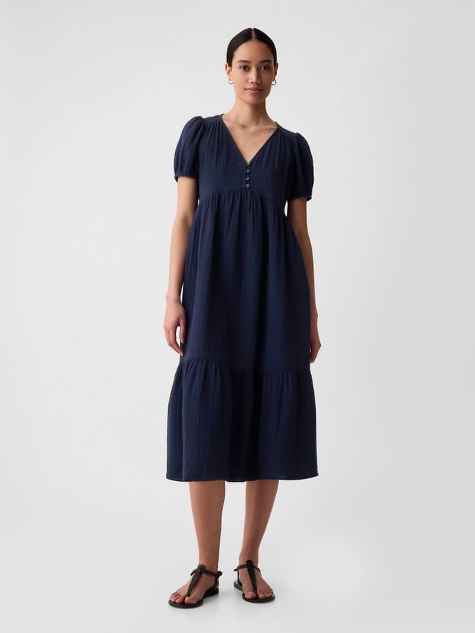 Navy Blue Crinkle Gauze V Neck Midi Dress (H70803) | £25