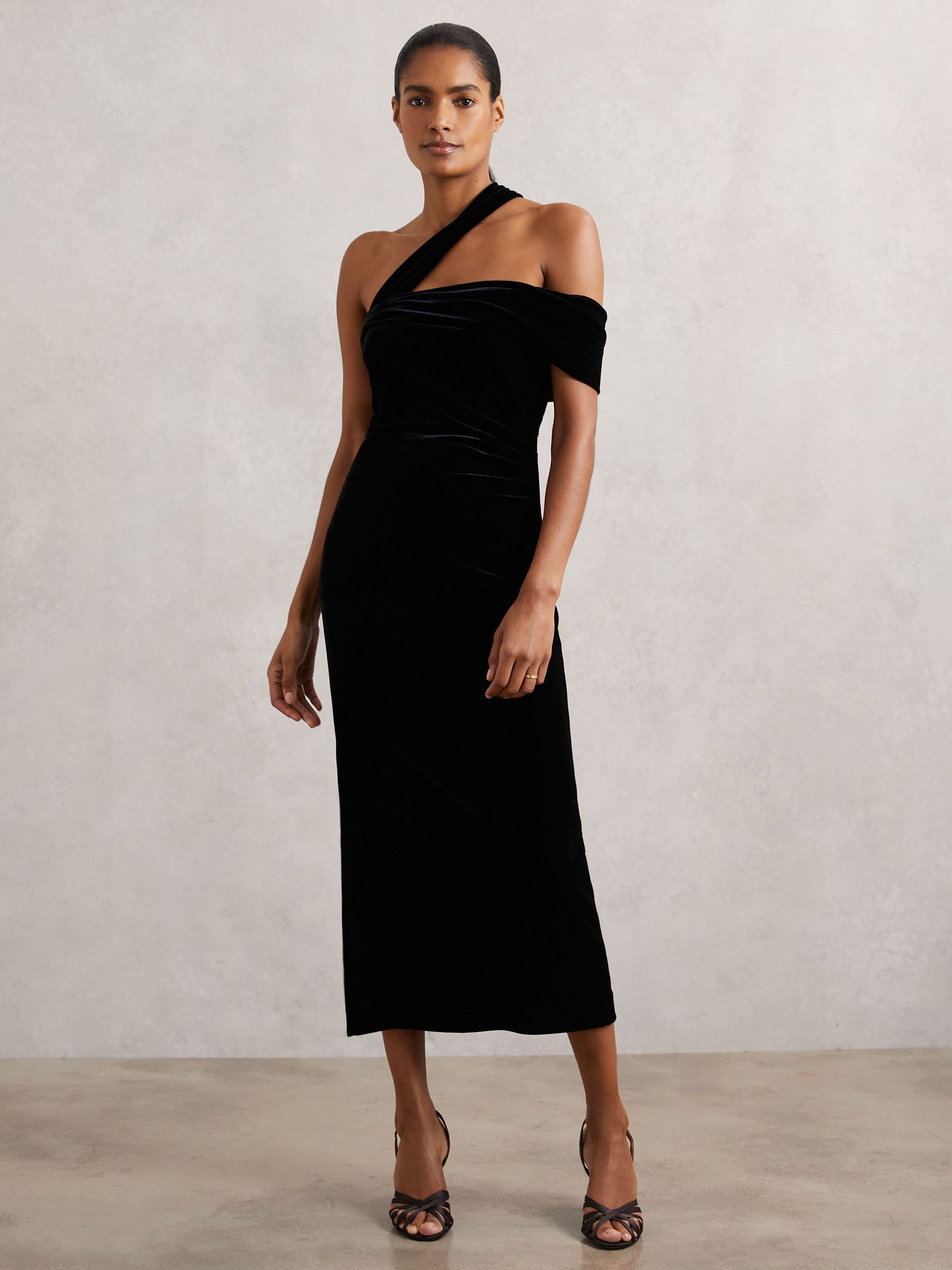 Velvet One-Shoulder Midi Dress in Black (H71037) | £148